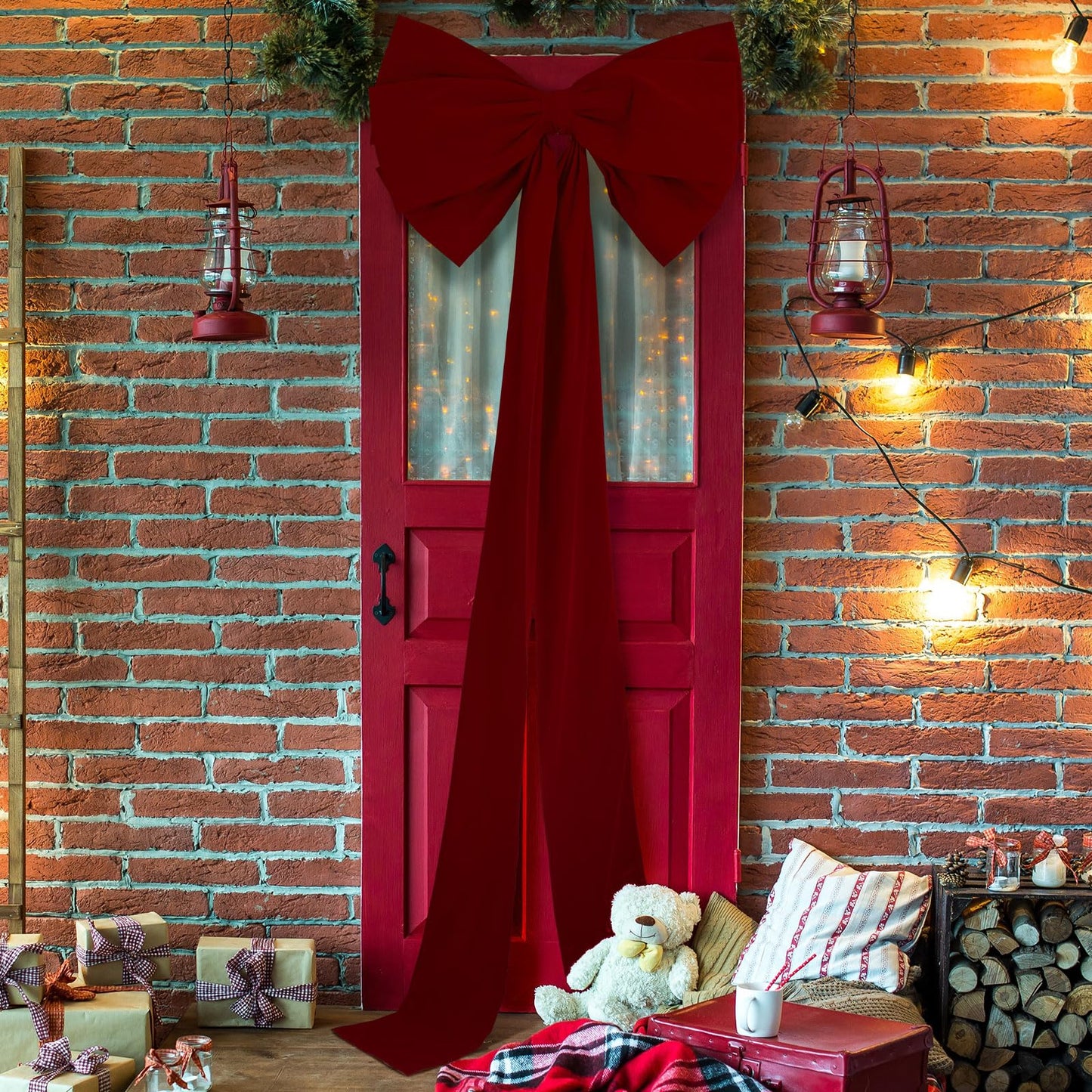 Knitgrip 1 Pack Extra Large Christmas Front Door Bow Decorations 27 x 78 Inch Burgundy Giant Velvet Christmas Tree Topper Bow with Long Streamers Wreath Wall Decor for Home Xmas Room Holiday Porch