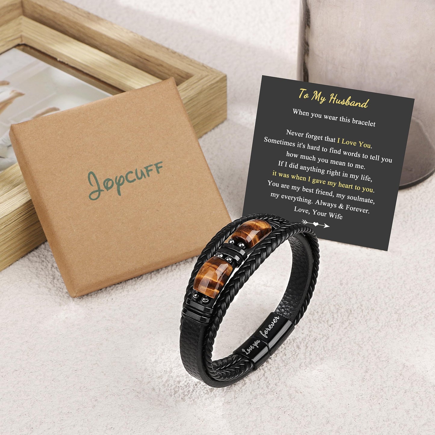 JoycuFF Gifts for Husband from Wife Leather Bracelets for Husband 2 Tiger Eye Stone Anniversary Birthday Love You Forever Mens Black Layered Braided Cuff Bracelet