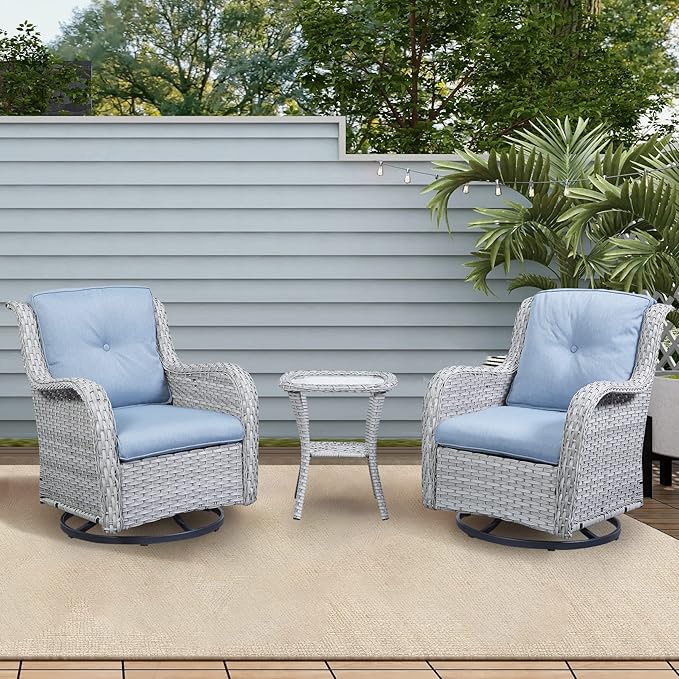 Rilyson Wicker Rocking Chair Swivel Chairs - 3 Piece Rocker Patio Furniture Set Rattan Rocking Bistro Sets with Glass Top Side Table for Outdoor Porch Deck Garden Backyard (Light Grey/Sky Blue)