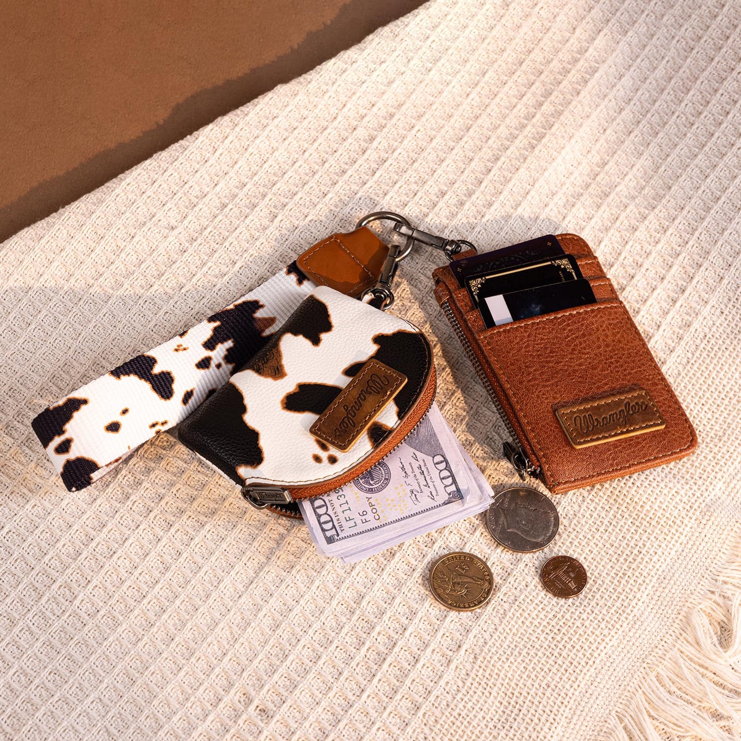 Montana West Wrangler Cow Print KeyChain Wristlet Wallets for Women Western Dual Pouch Wristlet Portable Credit Card Holder Wallet With Zipper