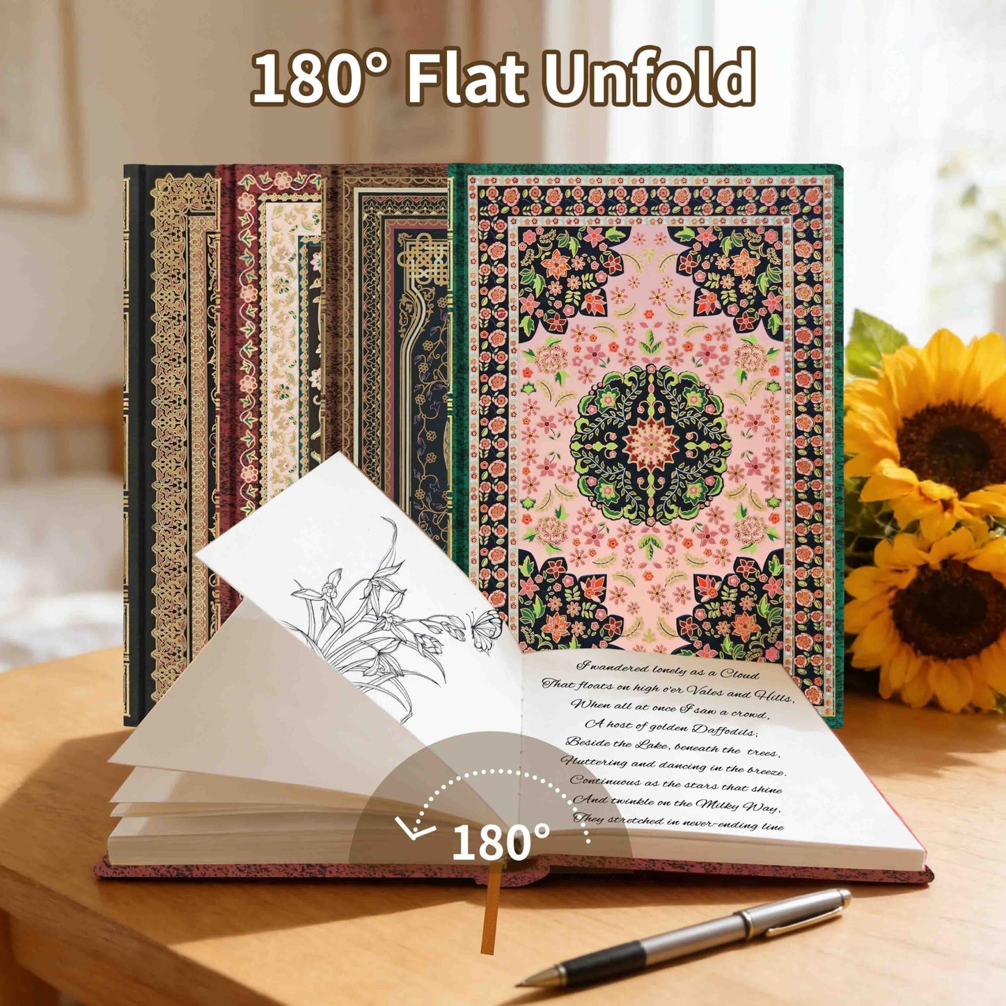 Mlife Thick Journal A5 Blank Notebook,288 Pages A5 Skethbook,120gsm Plain Paper,Vintage Hardcover Sketch book with Gold-Embossed Floral for Men Women,5.5'' X 8.27''
