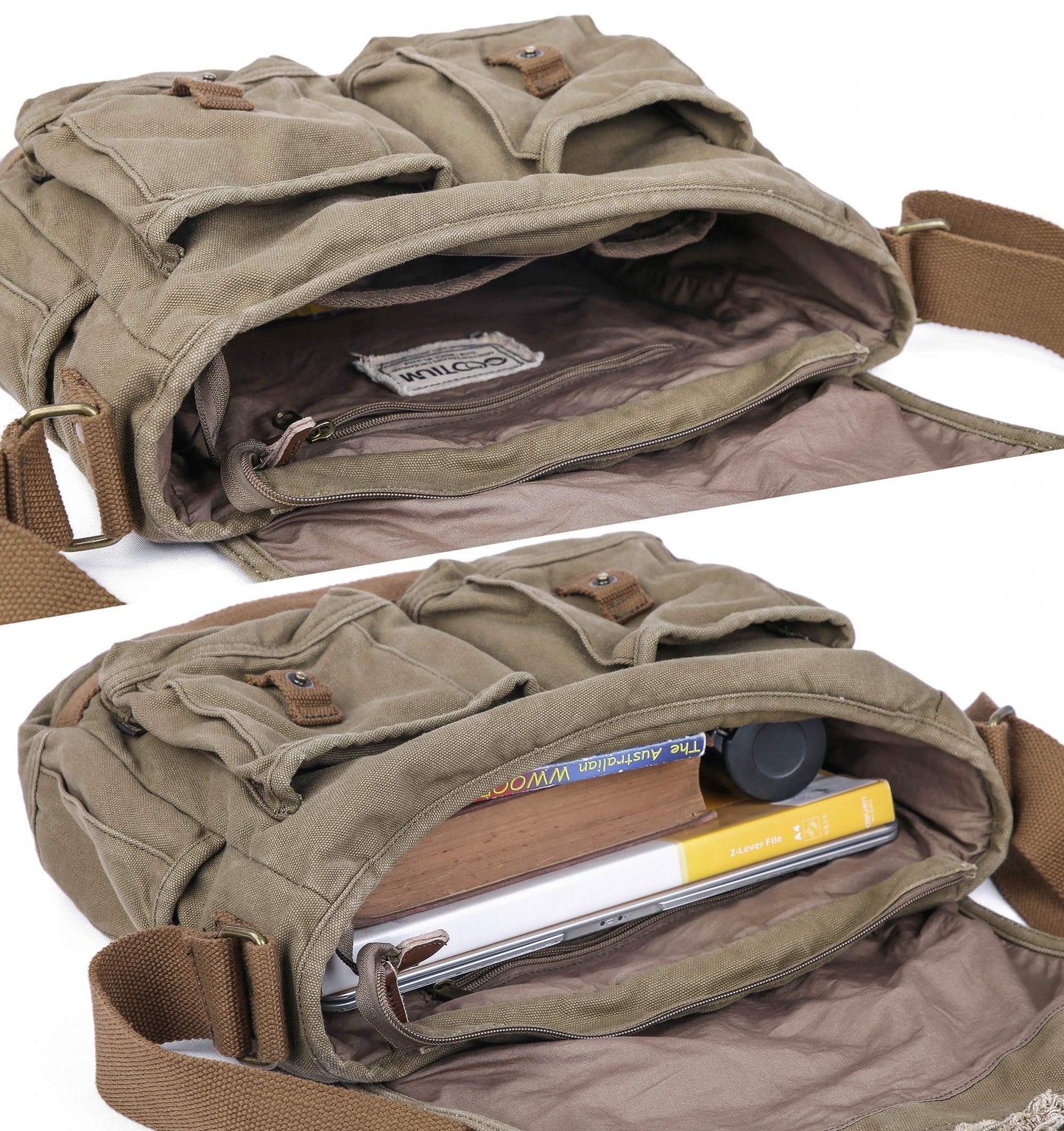 GOOTIUM Canvas Messenger Bag - Vintage Shoulder Bag Frayed Style Boho Purse, Field Tan