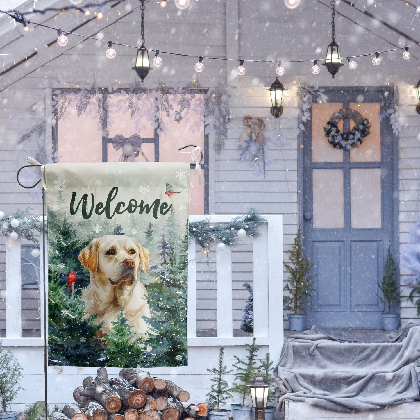 Welcome Winter Garden Flags White Lab Garden Flag Cardinal Birds on Snowy Pine Tree Flag Labrador Dog Yard Flags for Outside 12x18 Double Sided Christmas Decorative Lawn Flags