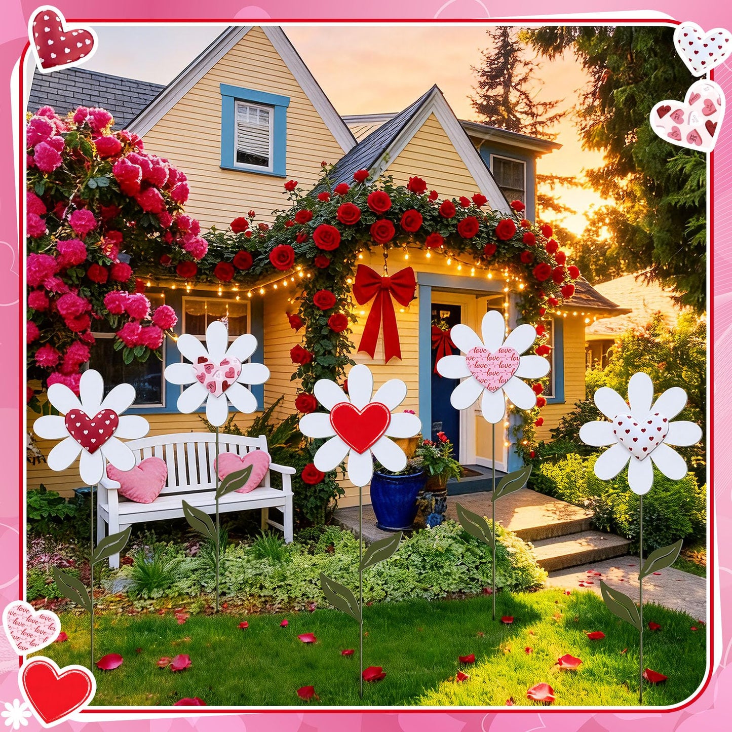 Nuanchu 5 Pcs 27.4" Metal Spring Flower Yard Signs Heart Yard Sign Stake Waterproof Floral Heart Lawn Signs Spring Outdoor Decorations for Mother's Day Outside Garden Patio Pathway Home Decor