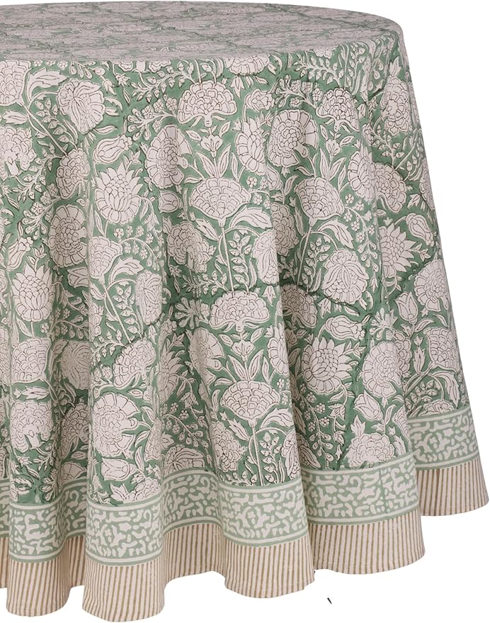 ATOSII Jade 100% Cotton Boho Round Tablecloth, Block Print Floral Table Cloth Linen for Dining, Parties, Weddings, Outdoors I Table Decor 72" Inches Diameter I