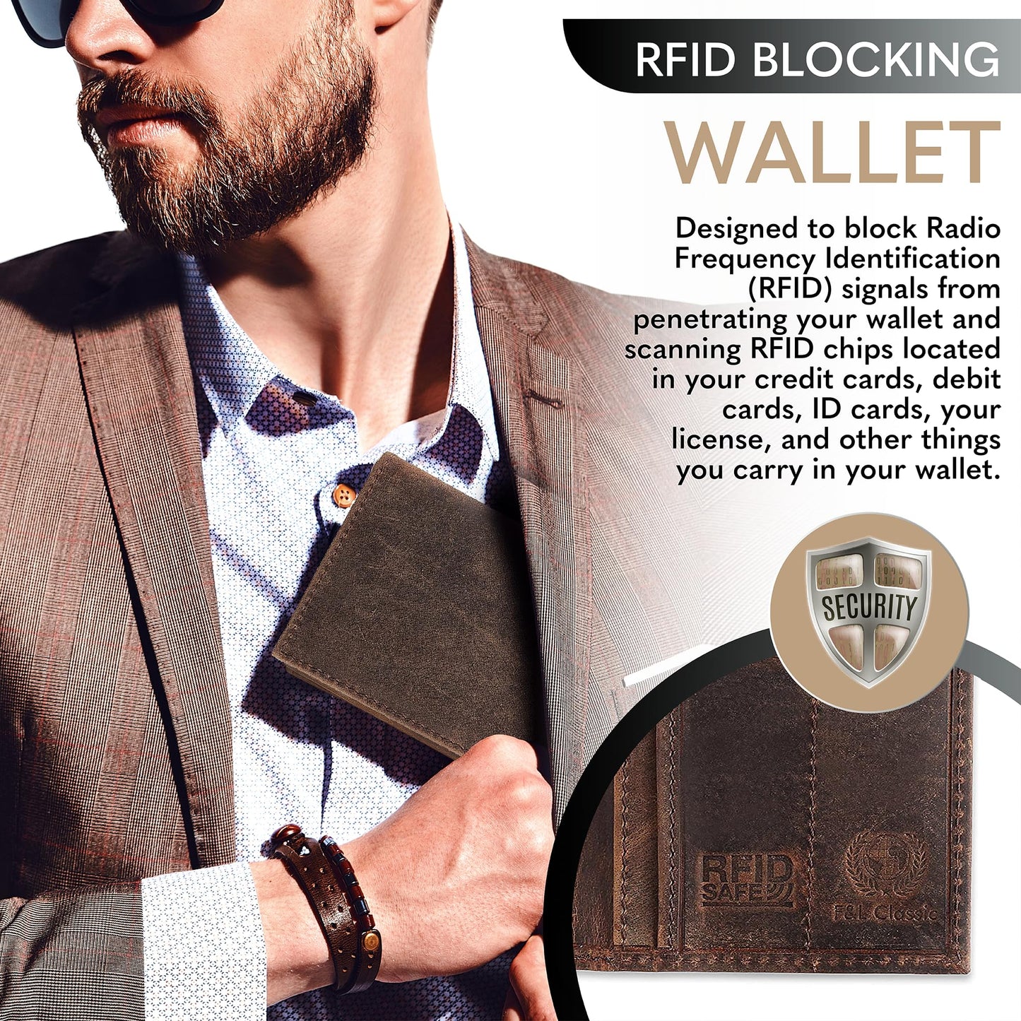 F&L CLASSIC Men's RFID Vintage Look Genuine Leather Long Bifold Wallet Checkbook Wallets,buffalo vintage leather