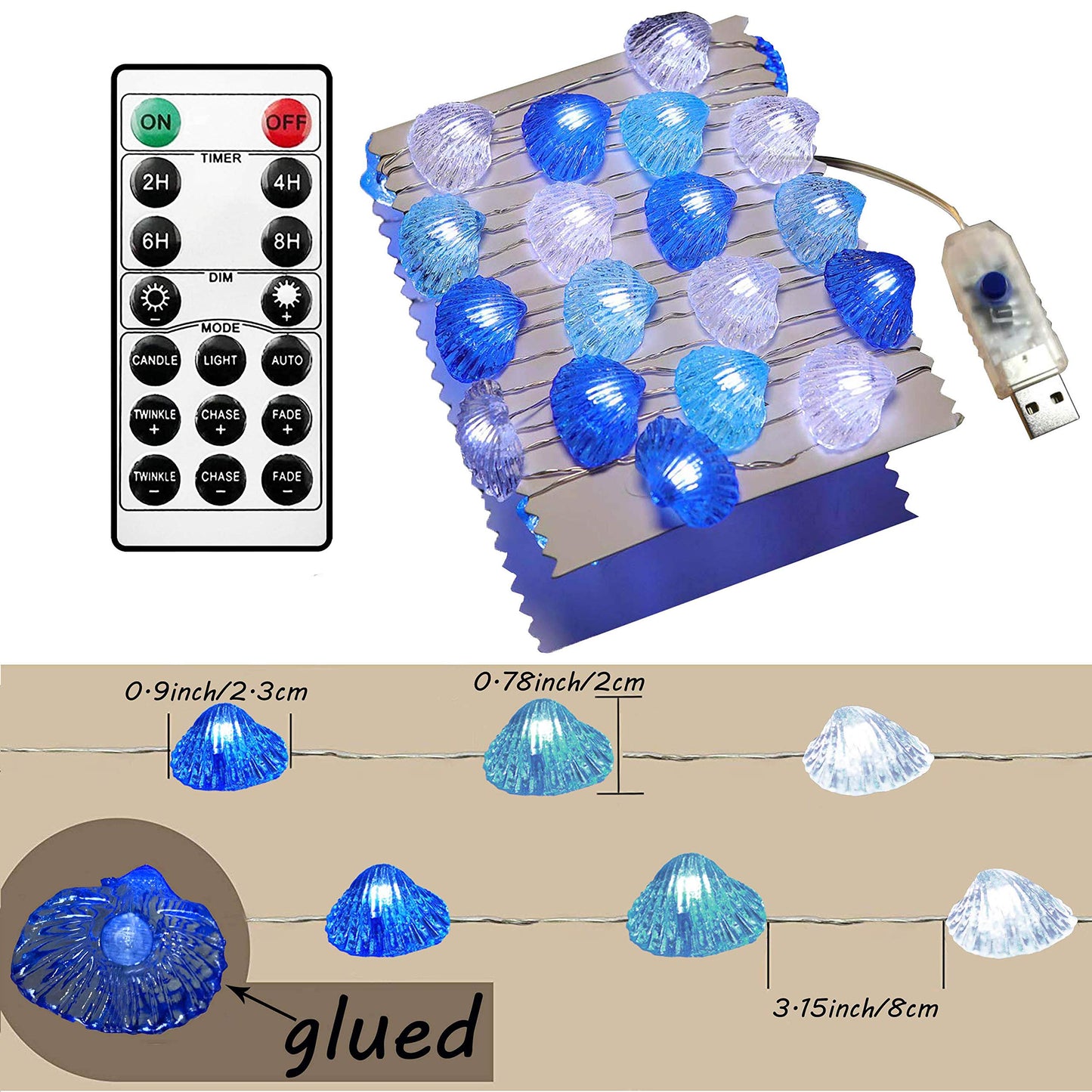 Cynzia Seashells String Lights, 40LED Beach Decoration Lights USB Plug in with 8 Modes Remote Control, Waterproof Ocean Fairy Lights for Bedroom Party Outdoor Wedding Holiday Christmas