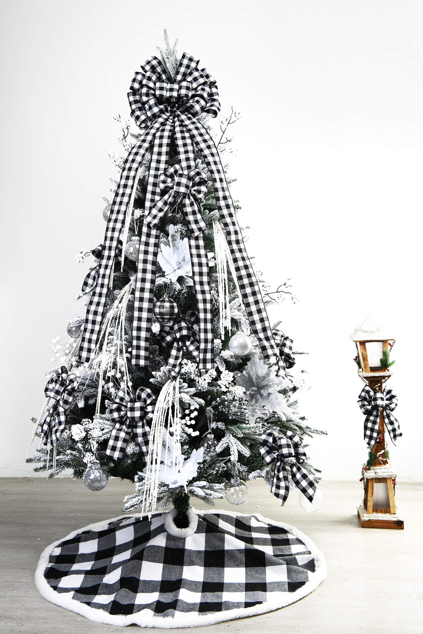 Christmas Checked Tree Topper,48x13 Inches Large Toppers Bow,Black and White Plaid Buffalo Decorative Bows for Christmas Decoration (Black and White Plaid)