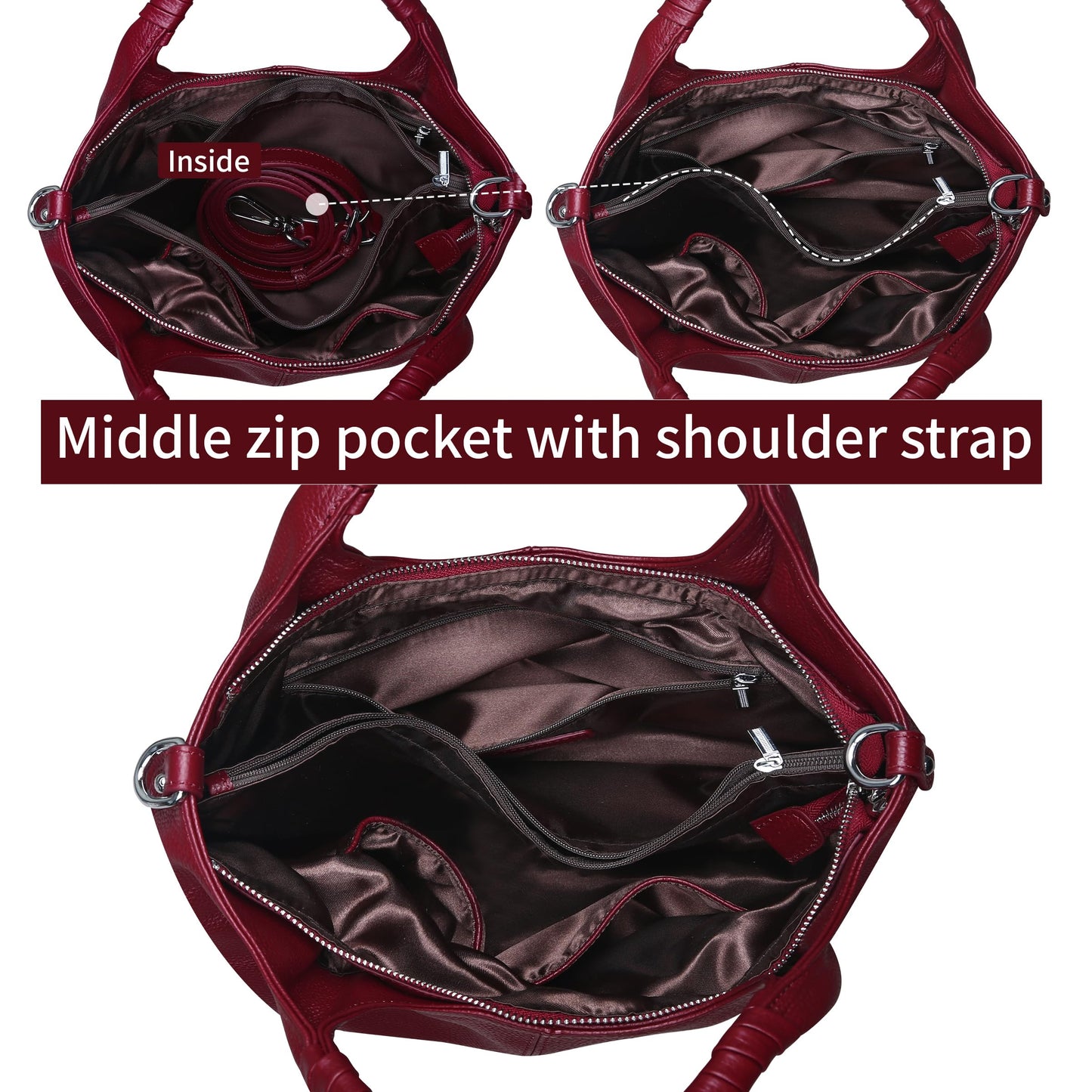 Iswee Women's Genuine Leather Handbag, Medium Satchel Shoulder Bag, Crossbody Hobo Purse with Pockets (Wine)