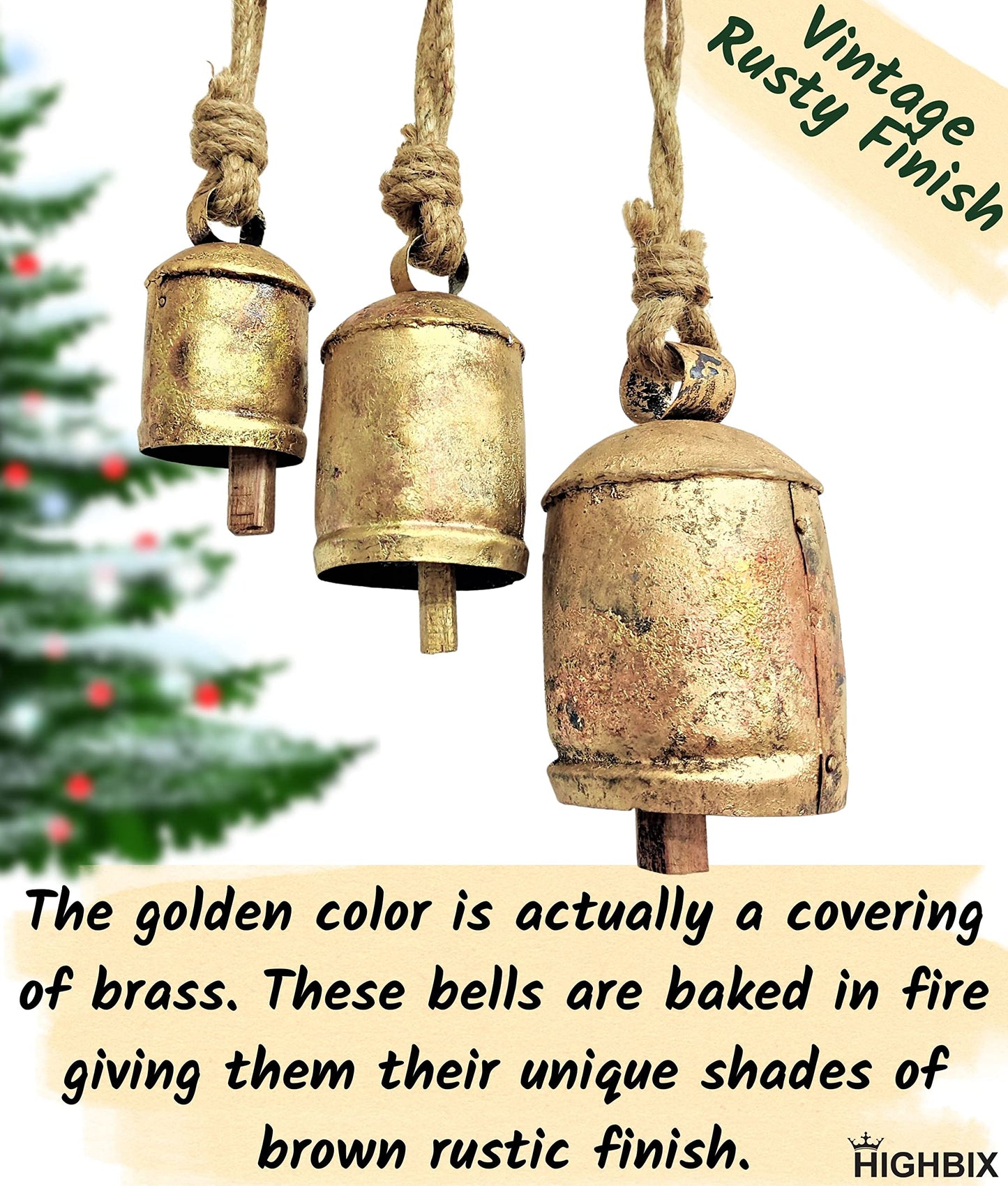 HIGHBIX Set of 3 Giant Harmony Cow Bells Huge Vintage Shabby Chic Handmade Rustic Lucky Christmas Hanging XL Bells On Rope Country Rustic (Small)