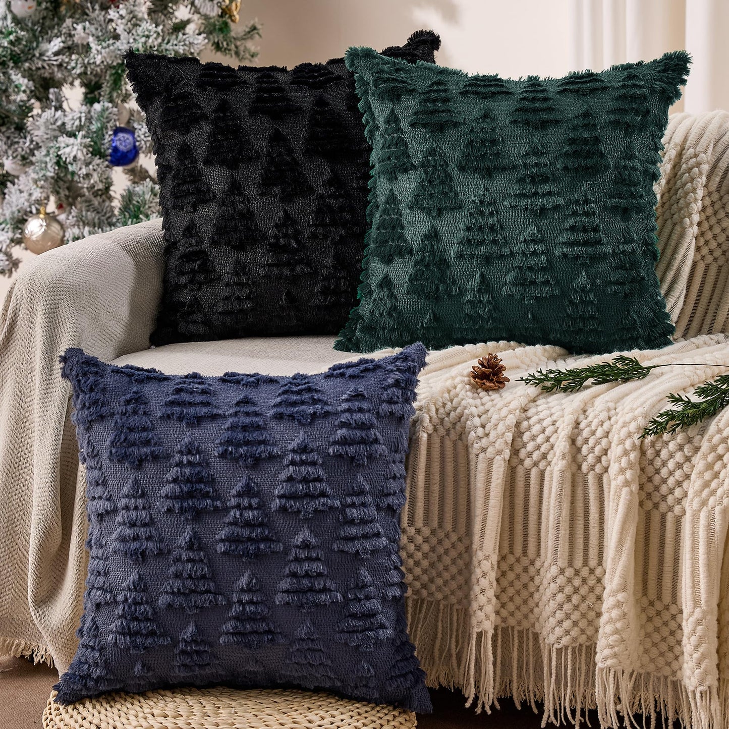 Allorry Christmas Pillow Covers 18x18 Set of 2 Christmas Decoration Black Xmas Tree Pillow Cases Plush Faux Fur Soft Cushion Case for Winter Xmas Holiday Home Bedroom Sofa Decors SY-003-J18