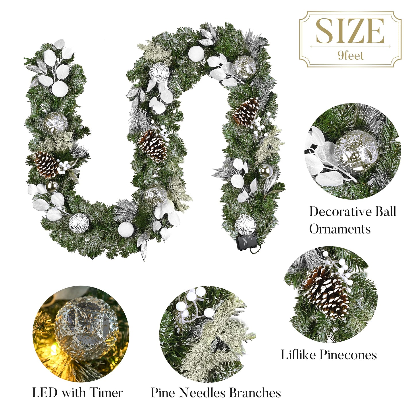 Valery Madelyn 9 Feet Pre-Lit Christmas Garland with Lights for Mantle, Lighted Outdoor Xmas Garland with Snowy White Ball Pinecones for Home Stairs Fireplace Table Centerpiece Indoor Holiday Decor