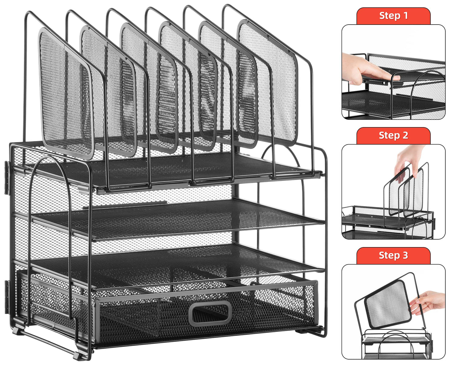 Marbrasse Desk Organizer with Drawer, 4-Tier Mesh File Organizer with 5 Vertical File Holders and 2 Pen Holders, Multifunction Desktop Organizer,Desk Organizers and Accessories for Home Office