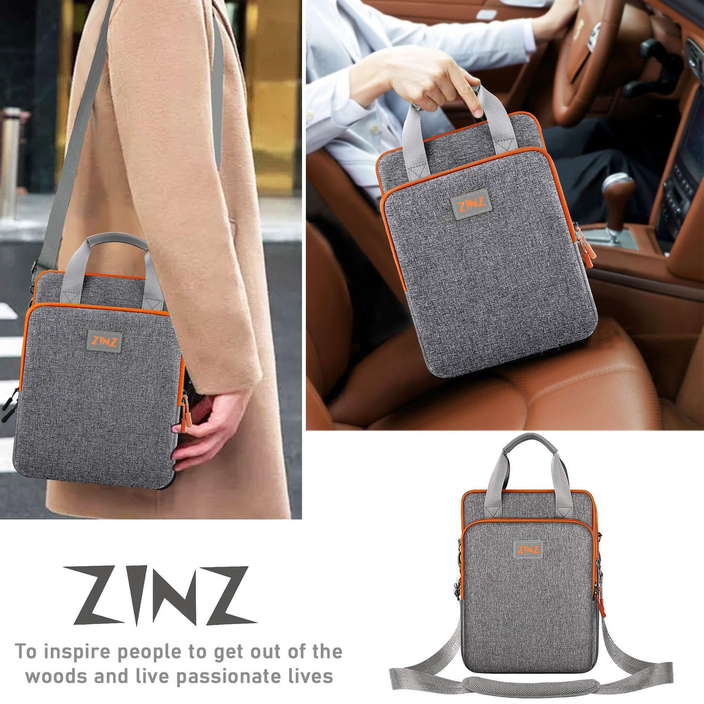 ZINZ Laptop Shoulder Bag 12.3-13 inch Case Sleeve, Expandable Handbag with Valuables Compartment Compatible with MacBook Air/Pro/Neo 13", iPad 12.9"/13"/11", Shockproof,Gray-Orange edge