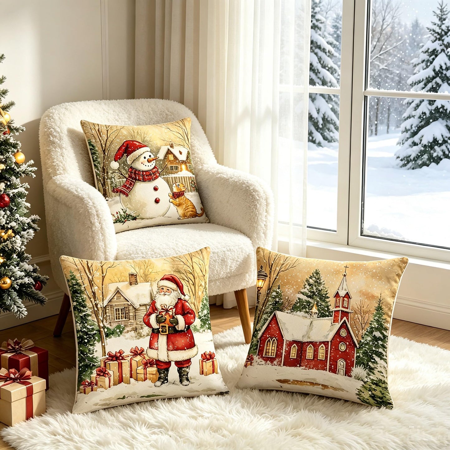 Ni-JASW Rustic Farmhouse Christmas Throw Pillow Covers 18x18 inch Set of 4, Snowy Church Santa Snowman Cushion Cases for Couch Sofa Bed Holiday Decor