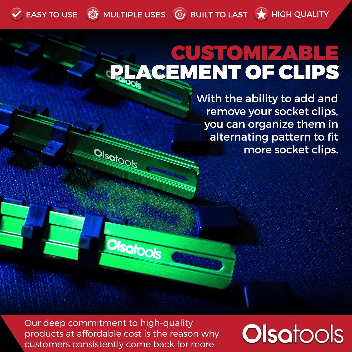 Olsa Tools Aluminum Socket Organizer, 3pc Set - Green Socket Holder Kit 1/2-Inch, 3/8-Inch, and 1/4-Inch Drive - Holds 58 Chrome or Impact Sockets - Professional Grade Socket Rails - Part: 1102