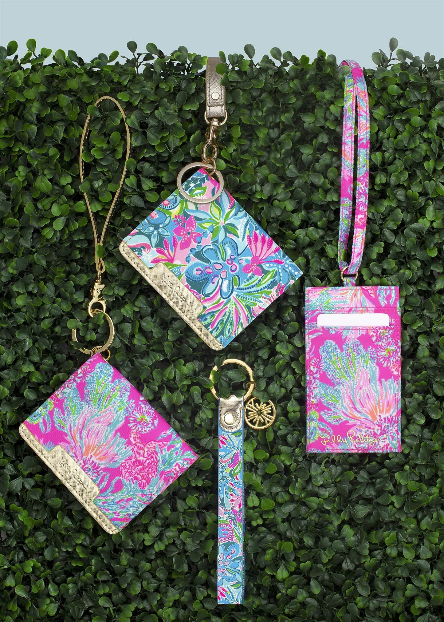 Lilly Pulitzer Snap ID Card Case, Cute Blue Keychain Wallet, Slim Credit Card Holder with Wristlet Strap, Golden Hour