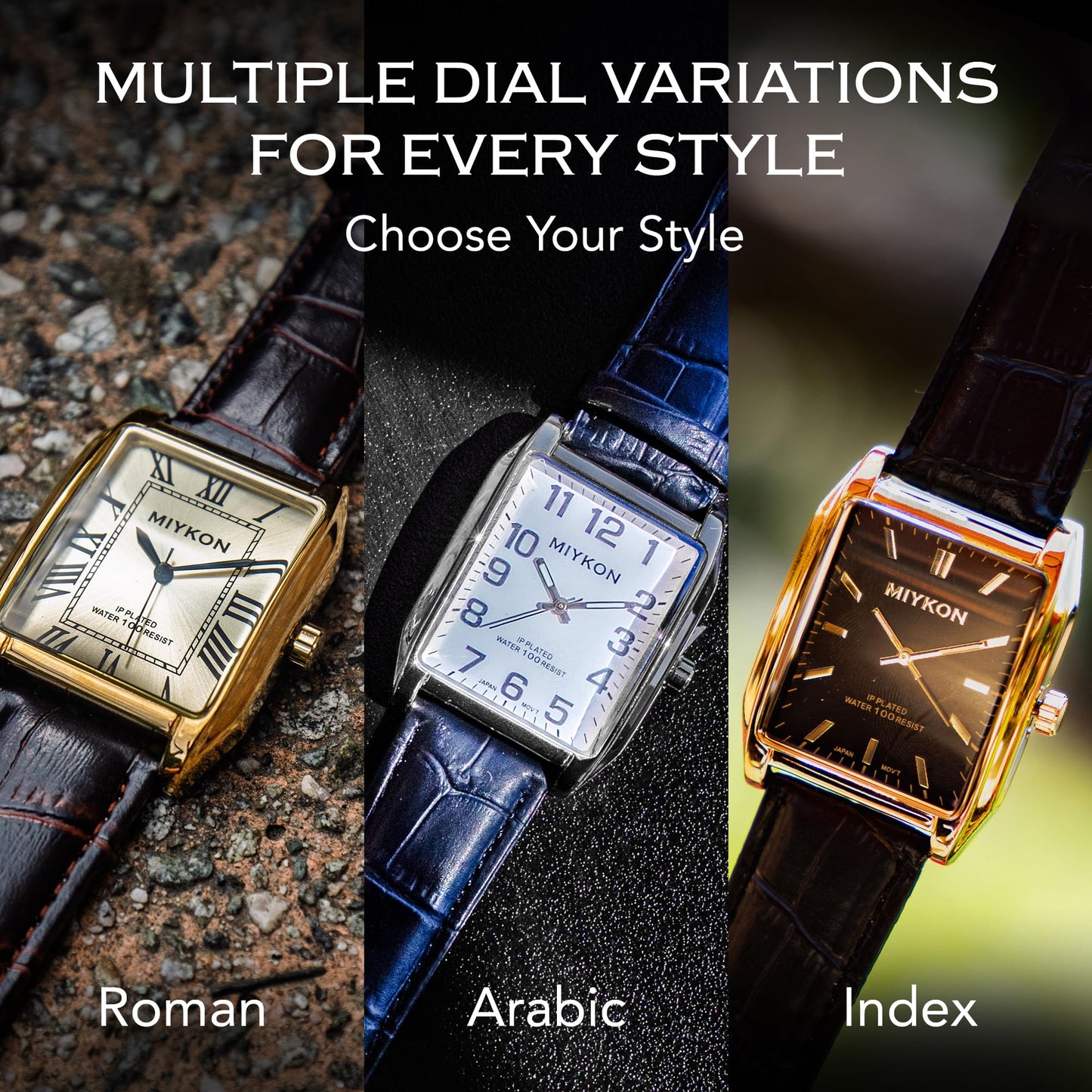 Miykon Vintage Watches for Men - Tank Square Gold Analog Watch with Brown Genuine Leather Wrist Strap for Classic Dress - Japanese Quartz, Waterproof to 100ft