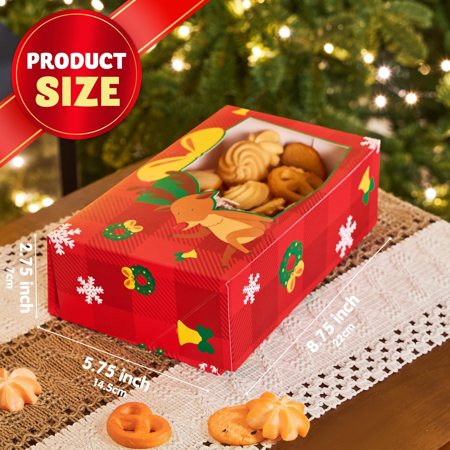 JOYIN 24PCS Christmas Cookie Boxes for Gift Giving, 8.75" x 5.75" x 2.75" Xmas Holiday Bakery Treat Boxes with Window, Kraft Cookie Tin Containers Box for Baked Goods, Cupcake, Pastry, Candy, Doughnut