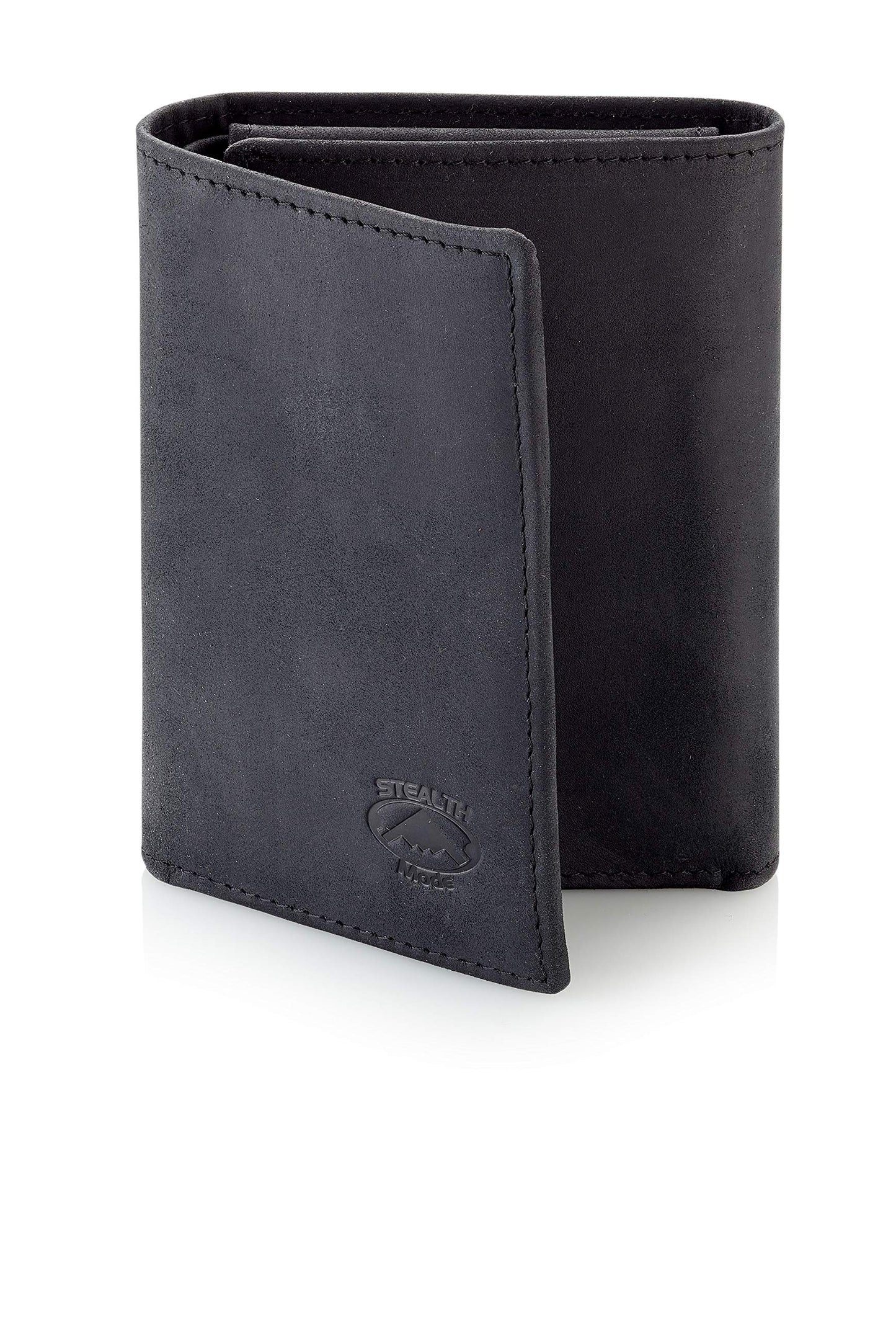 Stealth Mode Trifold Leather Wallet for Men with ID Holder and RFID Blocking (Black)