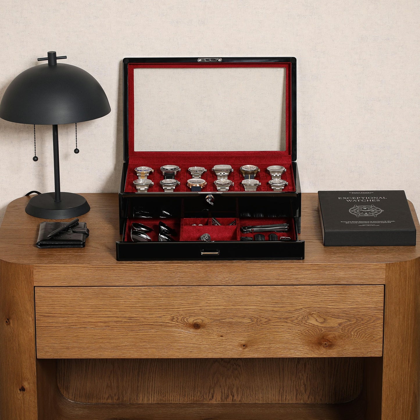ROTHWELL 12-Slot Piano Black Watch Box with Valet Drawer - Premium Jewelry Display Case Organizer with Locking Glass Top and Microsuede Liner for Men & Women (Red Interior)