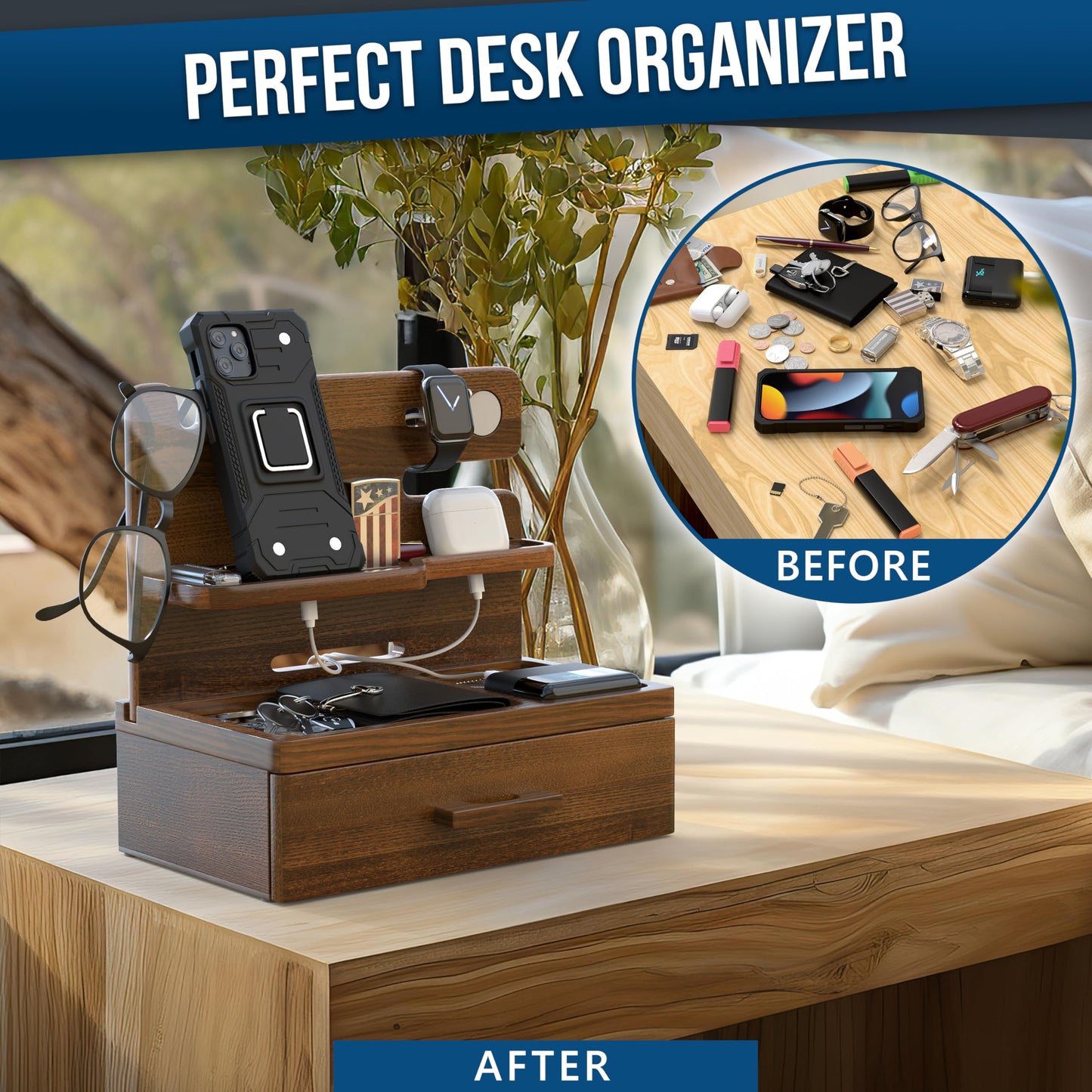 BarvA Phone Docking Station with Drawer Organizer | Night Stand Desk Charging Station | Upgraded Nightstand Organizer | Dresser Smart Watch Earbuds Phone Stand | Room Decor Gifts for Women Men Mom