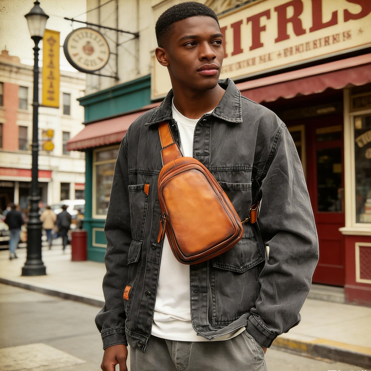 NIUCUNZH Genuine Leather Men Sling Bag, Handmade Vintage Shoulder Crossbody Bags Purse Small Travel Pack for Women and Men Daypack Brown