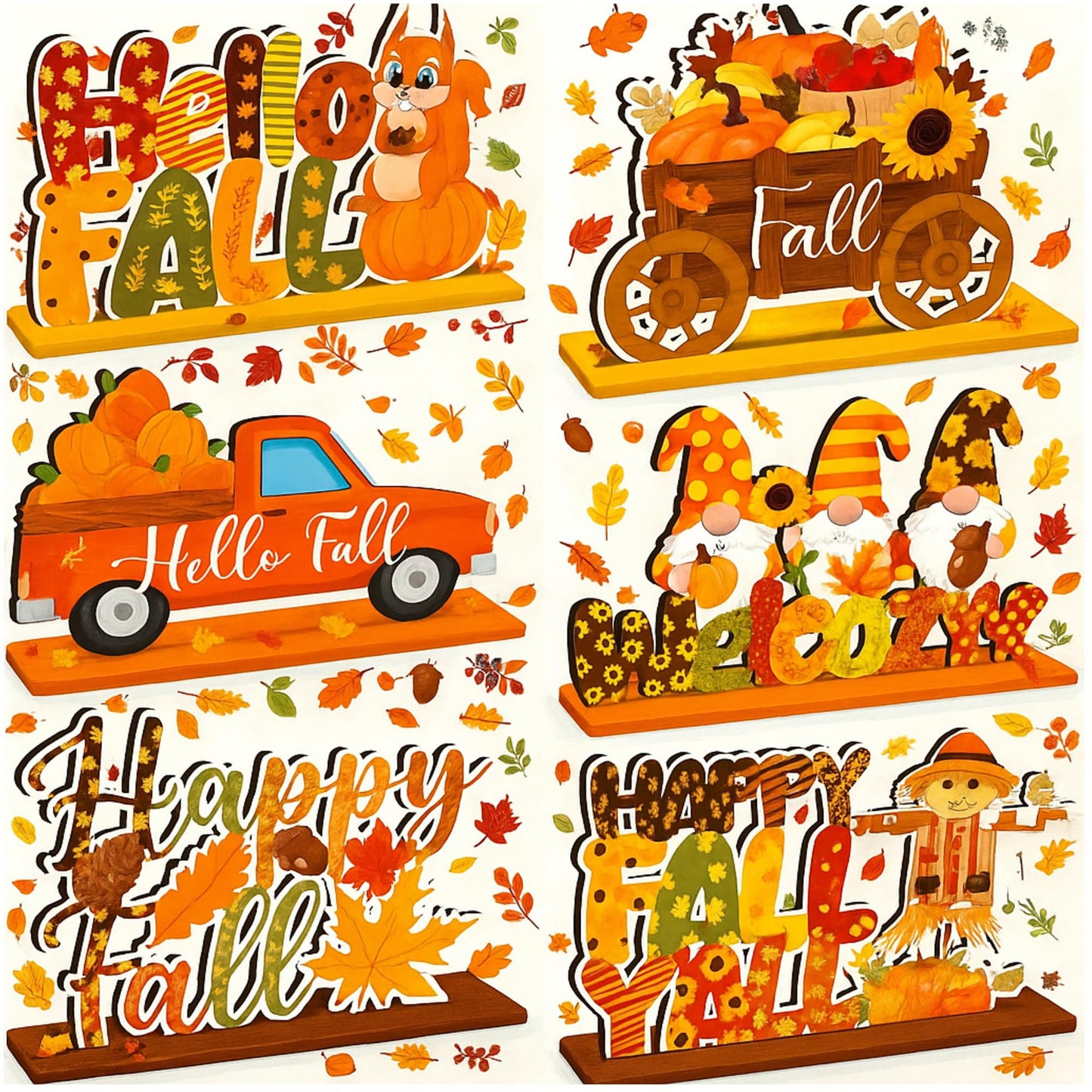 CroBlissful 6 Pcs Thanksgiving Decorations for Home Fall Table Centerpiece Hello Autumn Wooden Table Sign Pumpkin Gnome Truck Wood Tabletop Decor Harvest Party Decorations, 6 Styles