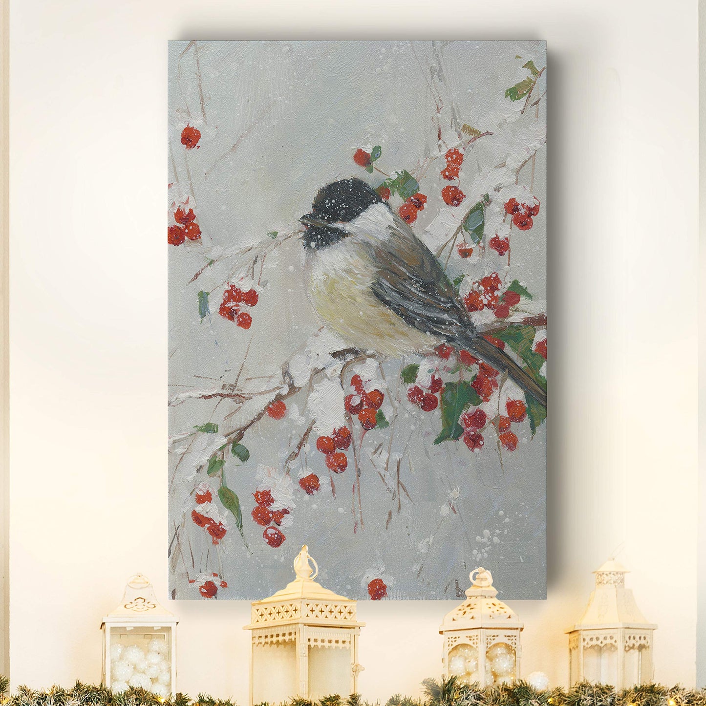 Renditions Gallery Animals Wall Art Paintings & Prints Holly Berries and Chickadee Christmsa Bird Abstract Art Wall Prints for Bedroom Dining Living Room Office Home Kitchen Wall Decor - 32"X48" LT18