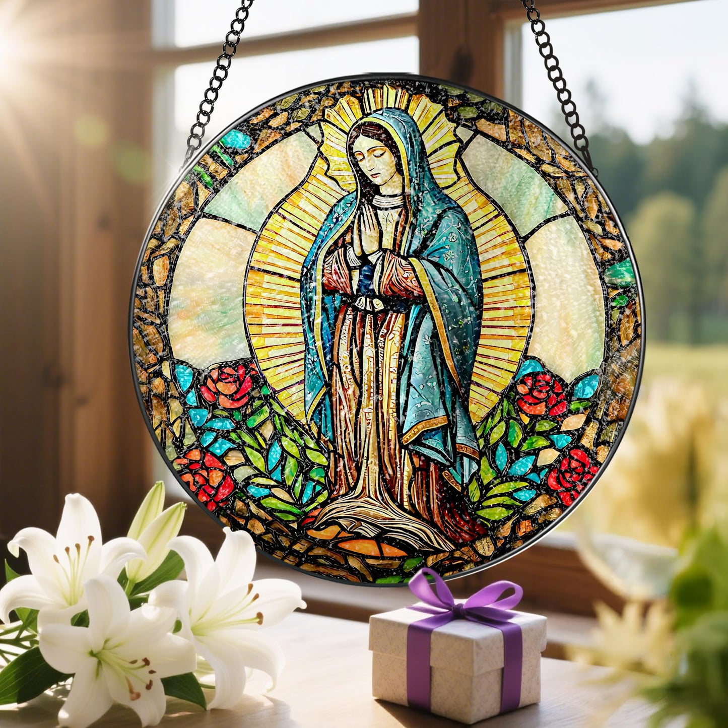 8 Inch Our Lady of Guadalupe Stained Glass Suncatcher, Stained Glass Window Hanging, Mexican Mom Window Hanging, Latin Mom Gift, Gifts for Mother's Day, Religious Gift, Gifts for Christian