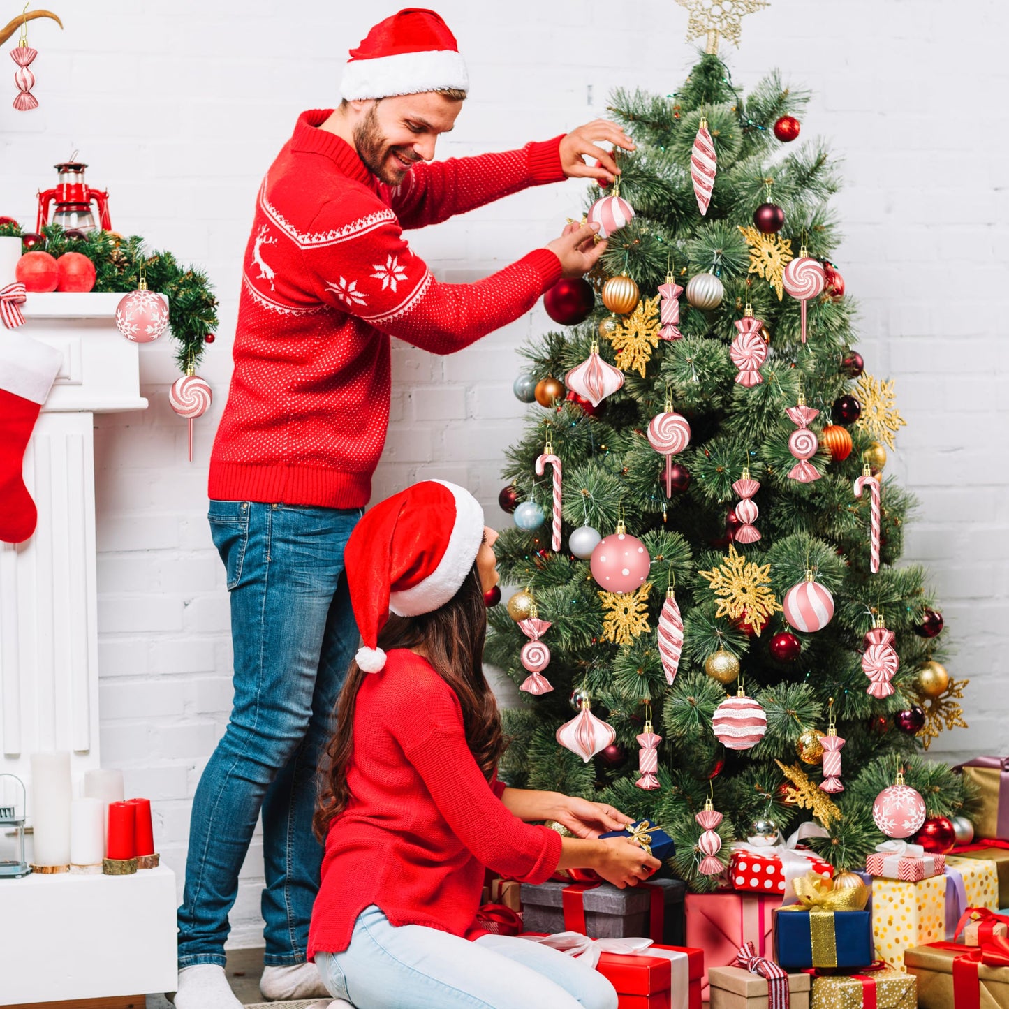 Christmas Ornaments Candy Lollipop Set -48Pcs for Xmas Tree Decoration Hanging Plastic Gloss Candy Canes Ball Pendants for New Year Home Decor Party Supplies (Rose Gold)