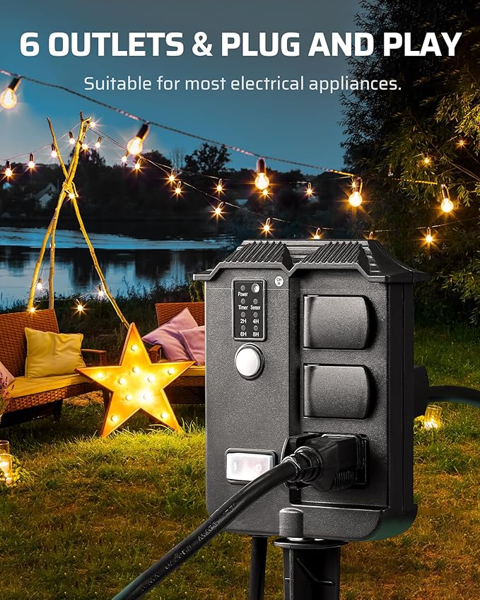 DEWENWILS Outdoor Power Stake Timer Waterproof, 6 Grounded Outlets, 6FT Extension Cord, 100FT Wireless Remote Control, Photocell Dusk to Dawn Timer for Christmas Lights, Garden, UL Listed