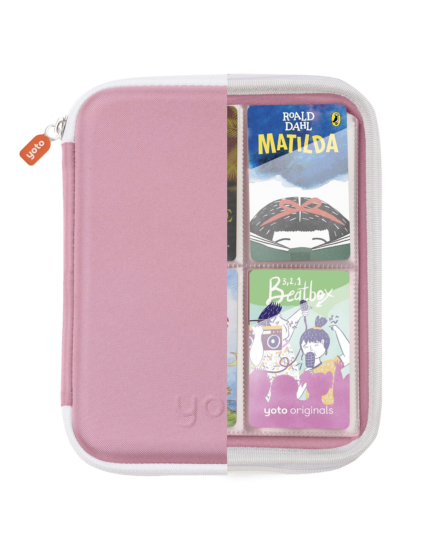 YOTO Card Case in Think Pink – Kids Accessory, Soft Portable Folder with Zipper & 64 Pockets for Player & Mini Audiobook Cards, Binder Sleeve Holder for Travel