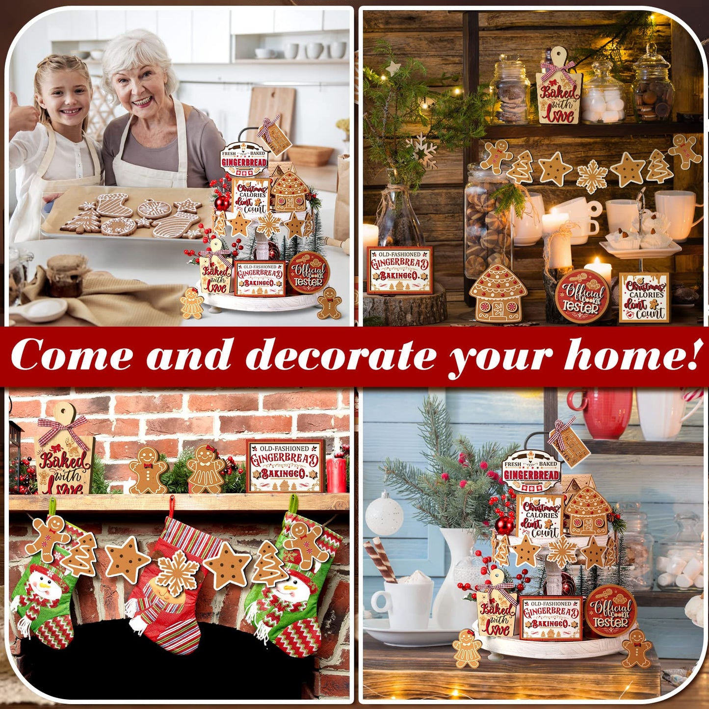 Kajaia 15 Pcs Winter Tiered Tray Decor Christmas Tiered Tray Decorations Set Snowman Snowflake Gingerbread Man Hot Cocoa Wooden Signs Farmhouse Winter Table Decorations(Gingerbread Man)