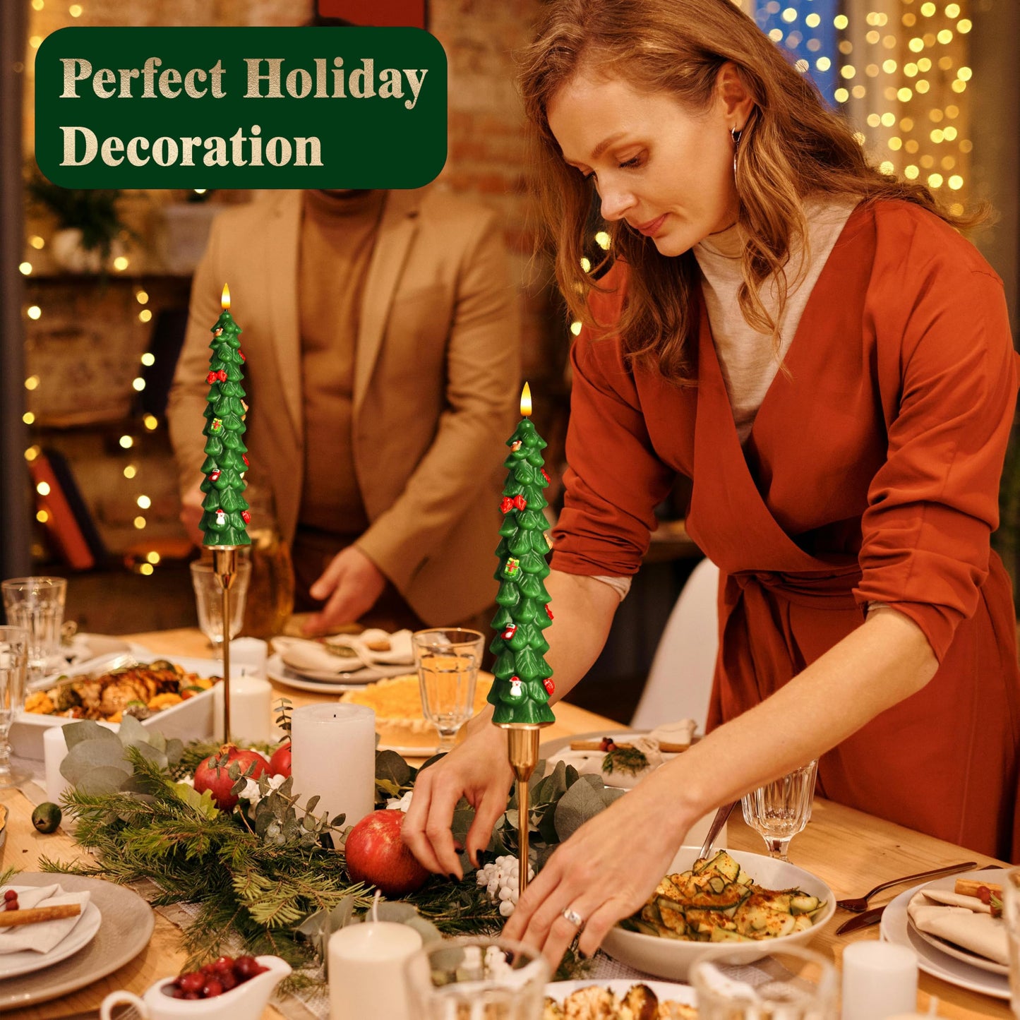 4Pcs Christmas Tree Flameless Taper Candles with Remote and Timer,LED Candles Battery Operated with Mini Ornaments,9.5" Real Wax Window Candlesticks with Flickering 3D Flame for Christmas Decoration