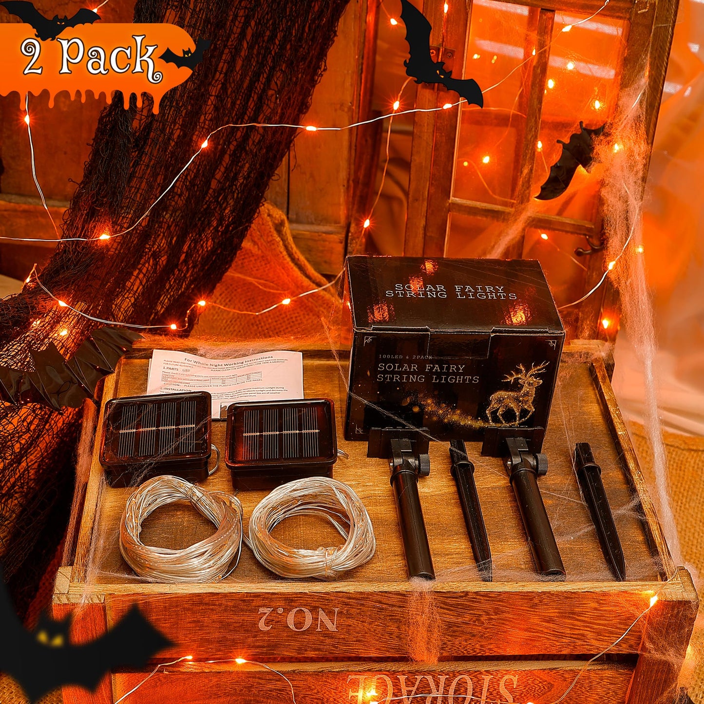 Woohaha Solar Halloween Lights Outdoor,2 Pack Each 33Ft 100LED Orange Halloween Lights,Copper Wire Solar Powered Fairy String Lights 8 Modes for Garden,Tree,Thanksgiving,Christmas,Parties,Home Decor