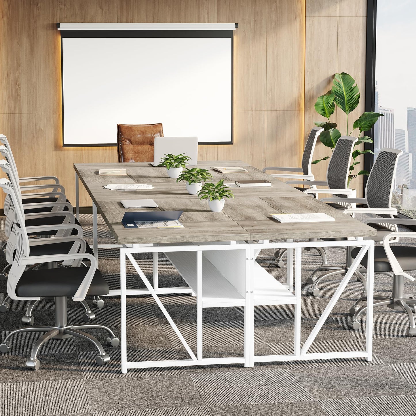 LITTLE TREE 63-Inch Executive Office Desk, Large Computer Desk with Storage Shelf, Executive Desk with Metal Frame, Thickened Desktop, Study Writing Desk Work Station for Home Office, Grey + White