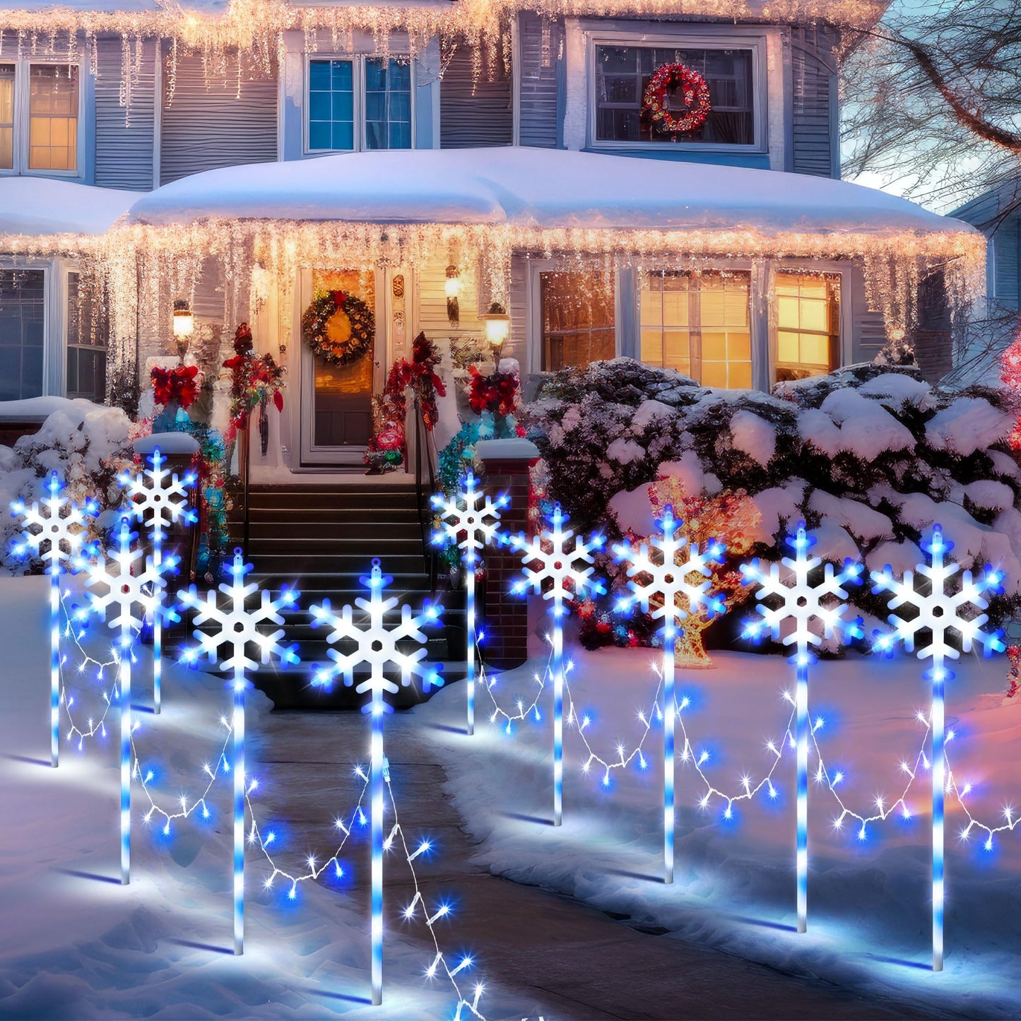 ElectricWise 10 Pcs Christmas Snowflake Pathway Stake Lights for Outdoor Yard, 370 Bright LEDs Waterproof Large Christmas Snowflake Light Decoration for Garden Lawn Driveway Walkway Decor (Blue White)