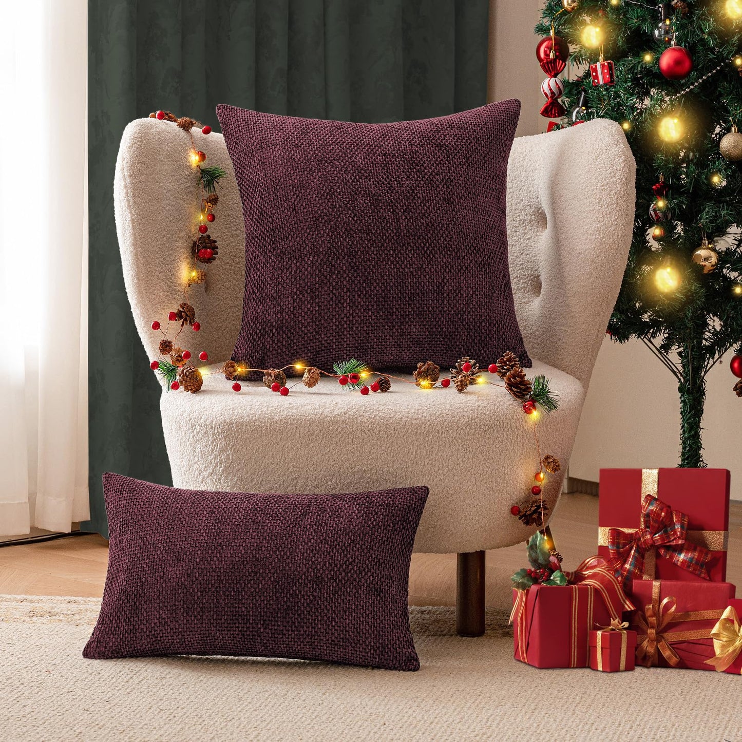 a moment Christmas Wine Red Chenille Throw Pillow Covers 20x20 Inch Pack of 2 Modern Decorative Throw Pillow Covers Farmhouse Cross Covers Home Decor for Sofa Bedroom Living Room