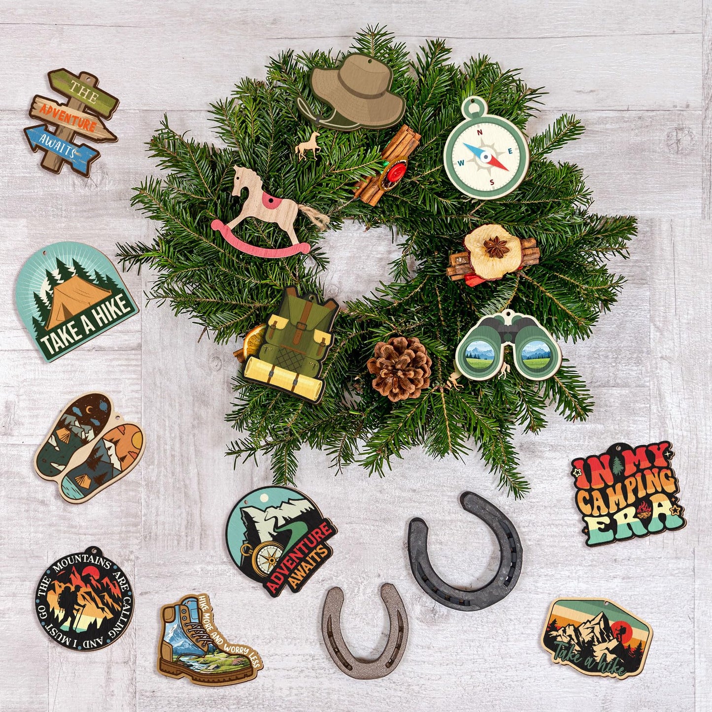 Vercraft 36 Pcs Hiking Ornaments for Christmas Tree - Double-Sided Printing Wooden Outdoorsy Nature Mountain Adventure Backpacking Gifts 2025 for Hikers Campers Men Women