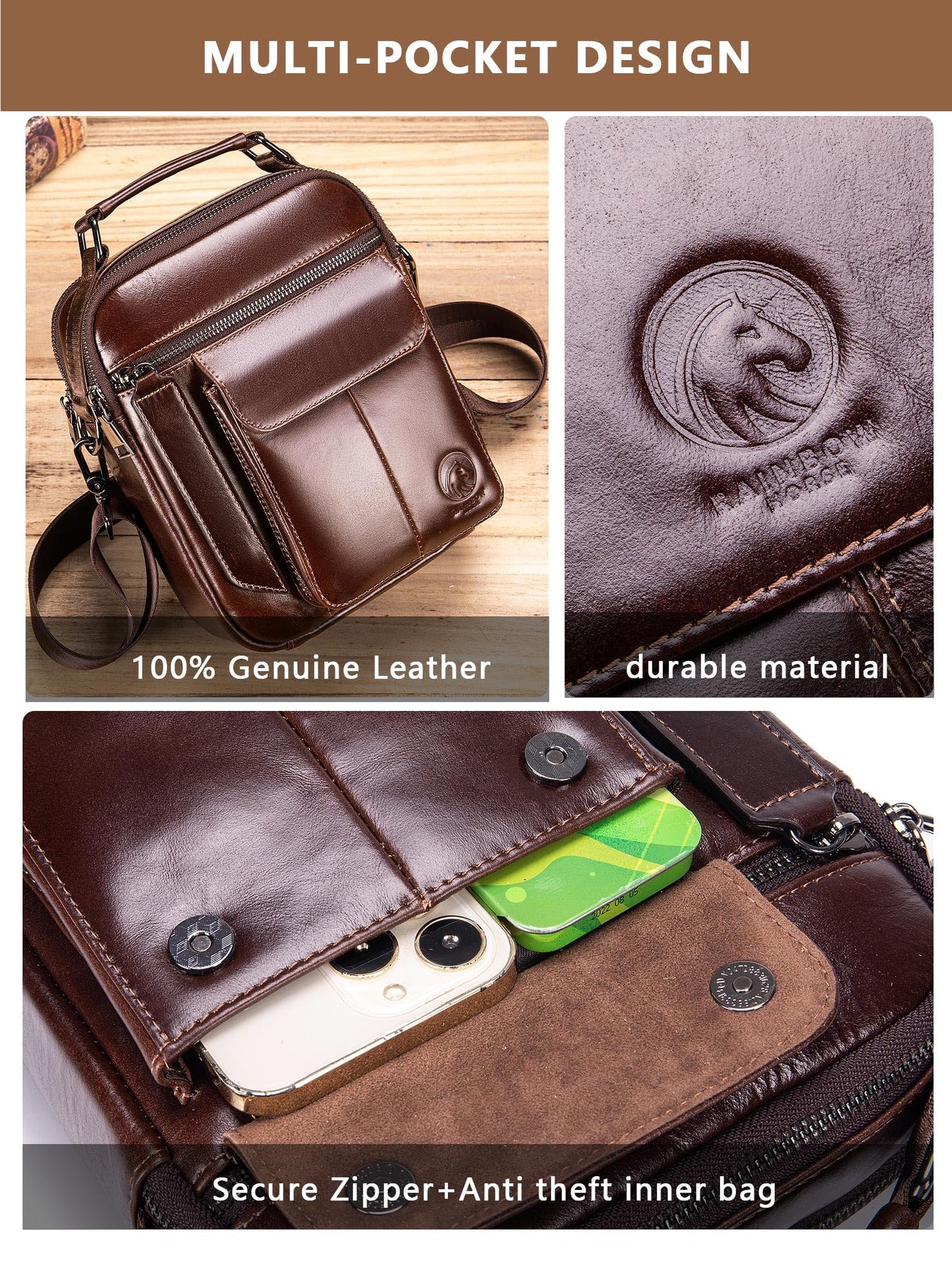 RAINBOW HORSE Men's Vintage Genuine Leather -Durable,Stylish & Practical Crossbody Bag for Daily Essentials