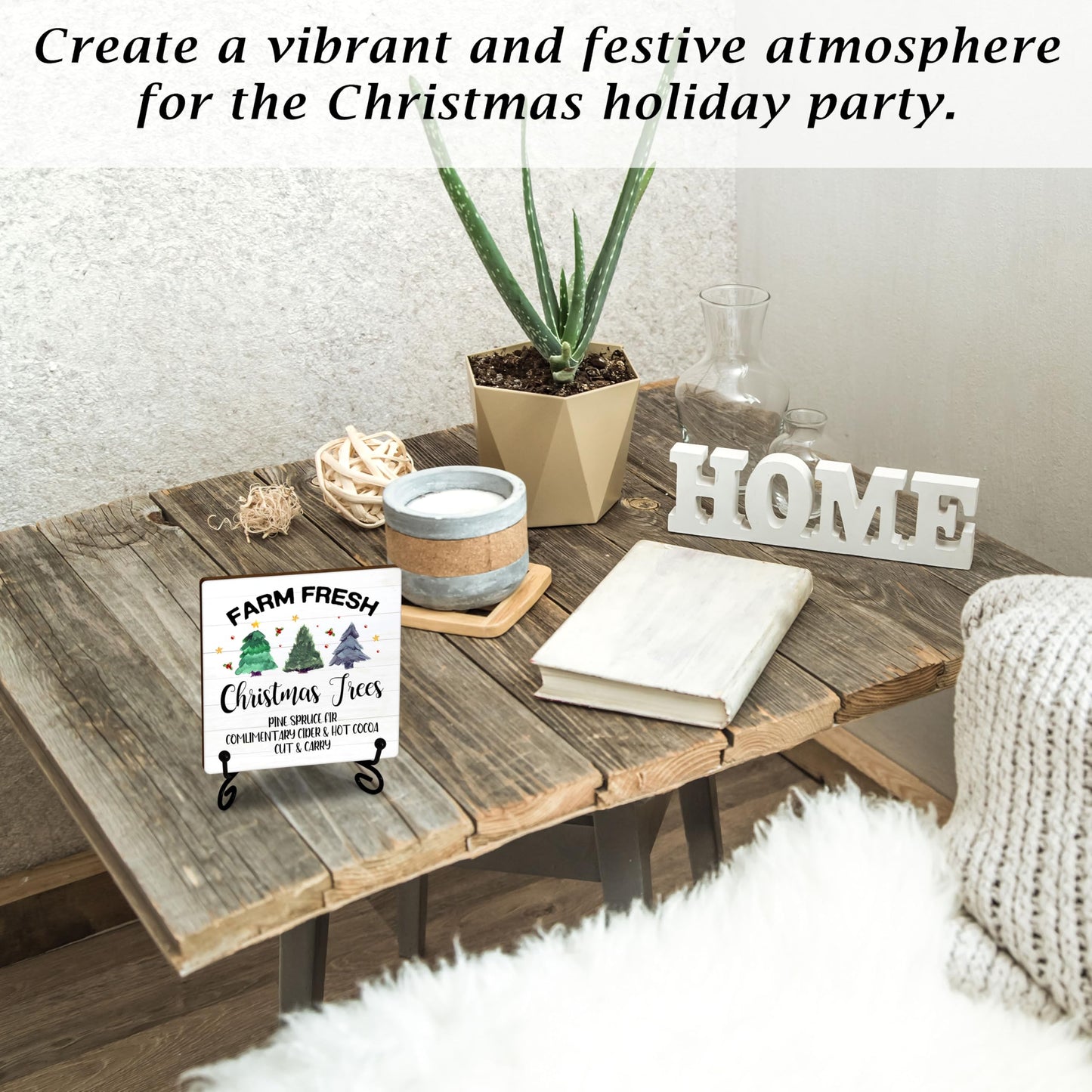 Cazhes Farmhouse Christmas Decor, Christmas Tree Sign Decorations for Home Bedroom, 5x5 Inches Wooden Xmas Decor with Iron Stand, Birthday New Year Gifts for Women-G04