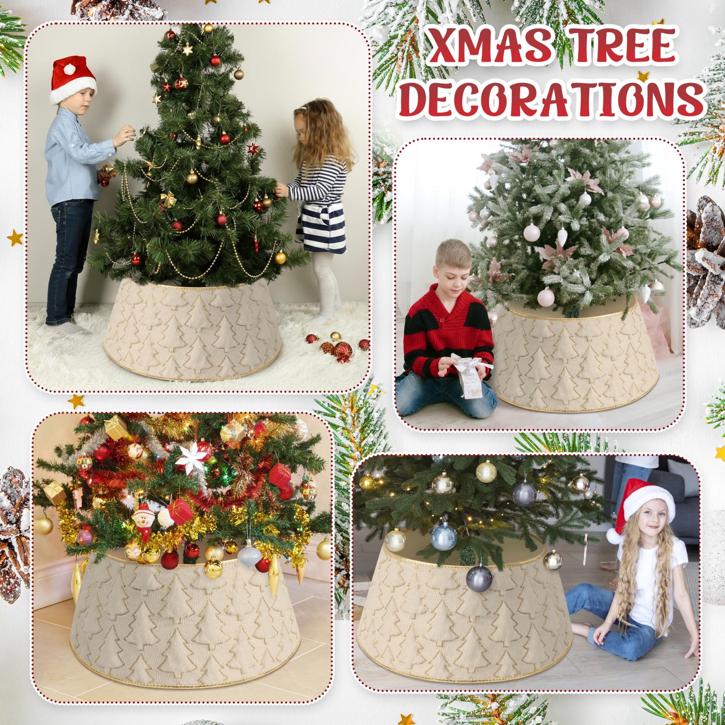 Faux Plush Christmas Tree Collar,Rustic Farmhouse Tree Skirt Ring with Xmas Tree Textured Pattern for Holiday Christmas Indoor Home Decor