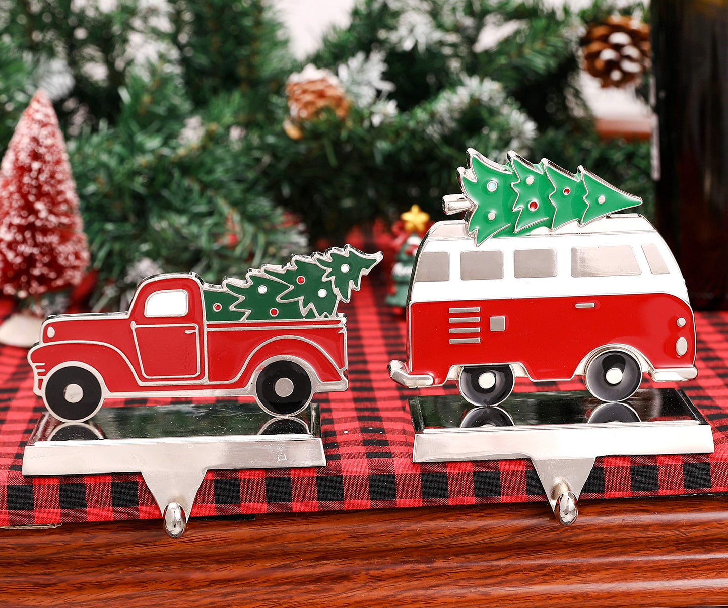 Yuokwer Set of 2 Christmas Stocking Holder for Mantel Christmas Decoration,Metal Red Truck with Christmas Tree Stocking Hangers for Fireplace Xmas Decoration Supplies (Truck)