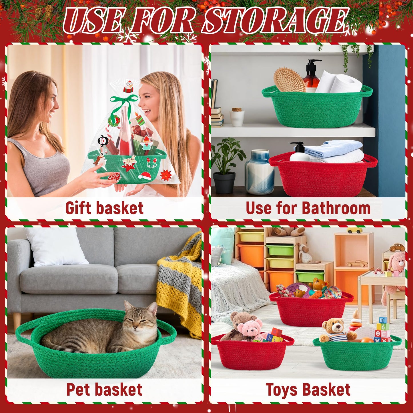 4pcs Christmas Gift Basket Empty, Christmas Woven Basket with Handles, Decorative Rope Woven Storage Basket Xmas Gift Baskets with Gift Bags Sticker and Ribbons for Xmas Empty Decorative Gift Box