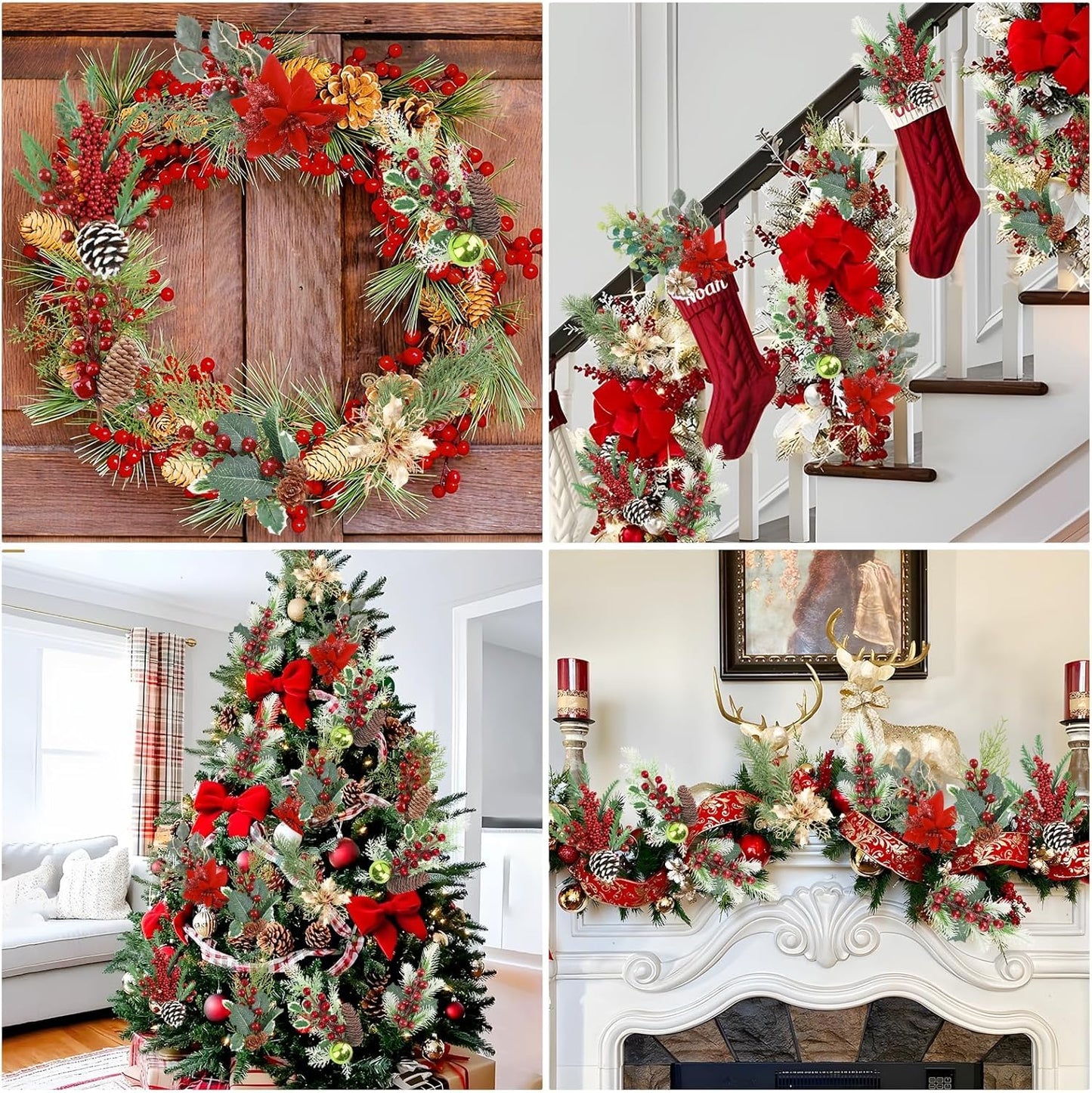 HNGWLYN Artificial Christmas Picks 8 Pack Red Berries Stems Evergreen Faux Pine Branches Christmas Picks Spray Pine Cones Holly Leaves for Winter Holiday DIY Craft Garland Wreath Ornament