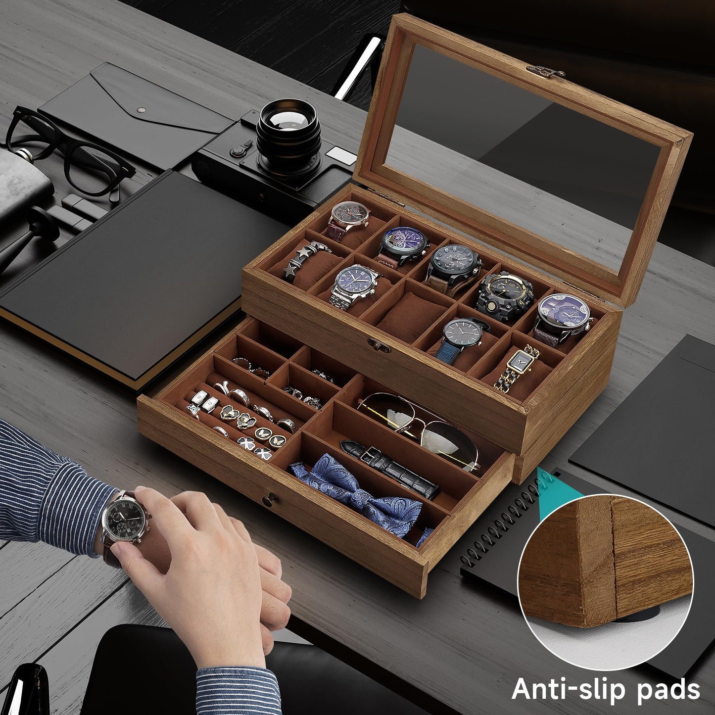 GALHUBIS Watch Box with 10 Slots, 2-Tier Watch Case for Large Dial Watches, Watch Display Case with Lid, Removable Watch Pillows, Gifts for Men Women, Watch Organizer with Drawer, Jewelry Box, Walnut