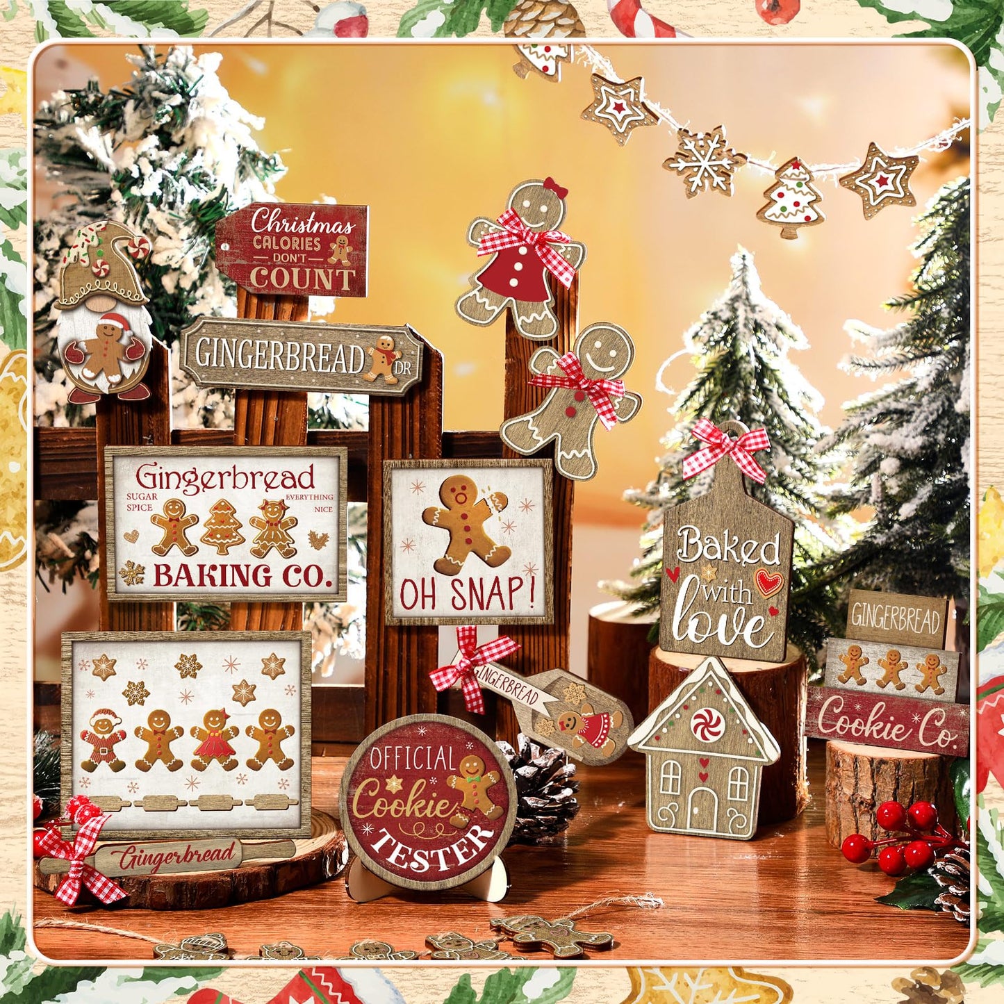 Shellwei 24 Pcs Christmas Tiered Tray Decor Set Wood Rustic Gingerbread Christmas Decoration Winter Farmhouse Decor Xmas Trees Gnome Elk Snowflake Signs for Table Shelf Home Centerpiece (Cute)