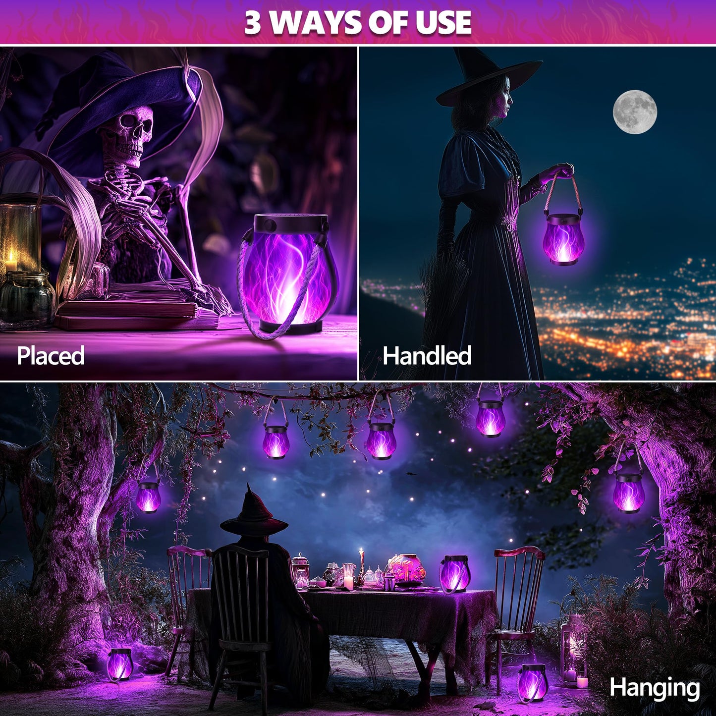 Jyoiat Solar Flame Lantern Hanging Outdoor Waterproof Purple - 2 Pack Flame Lanterns with Dual Charging Modes of Solar & USB for Garden or Yard Decorations (Purple - 2 Pack)