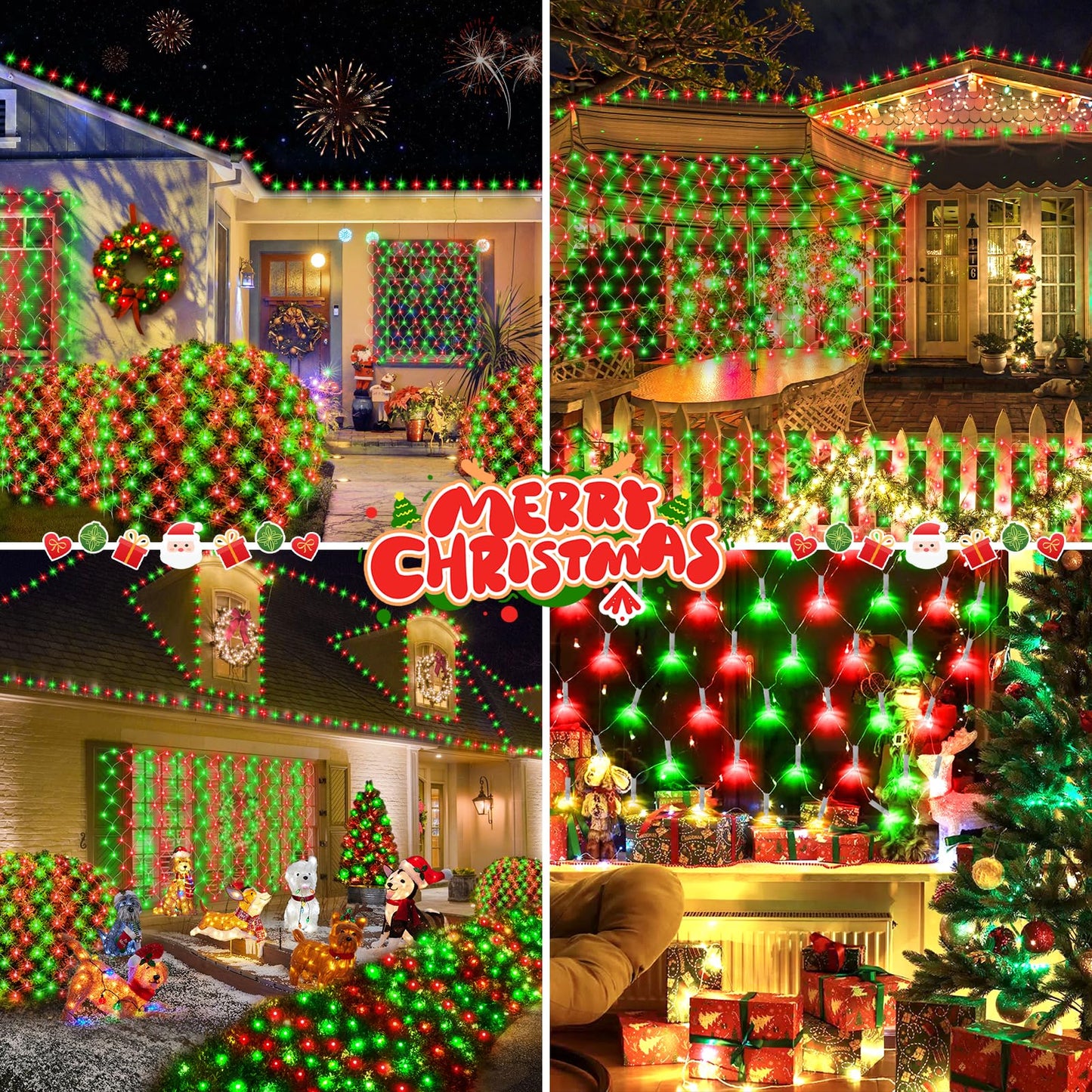 Hezbjiti Christmas Net Lights Outdoor 200 LED 6.9FT x 5.4FT Clear Wire with 8 Modes, Connectable Plug in Waterproof, Timer Memory Function for Xmas Tree Bushes Porch Lawn Windows Decor(Red Green)